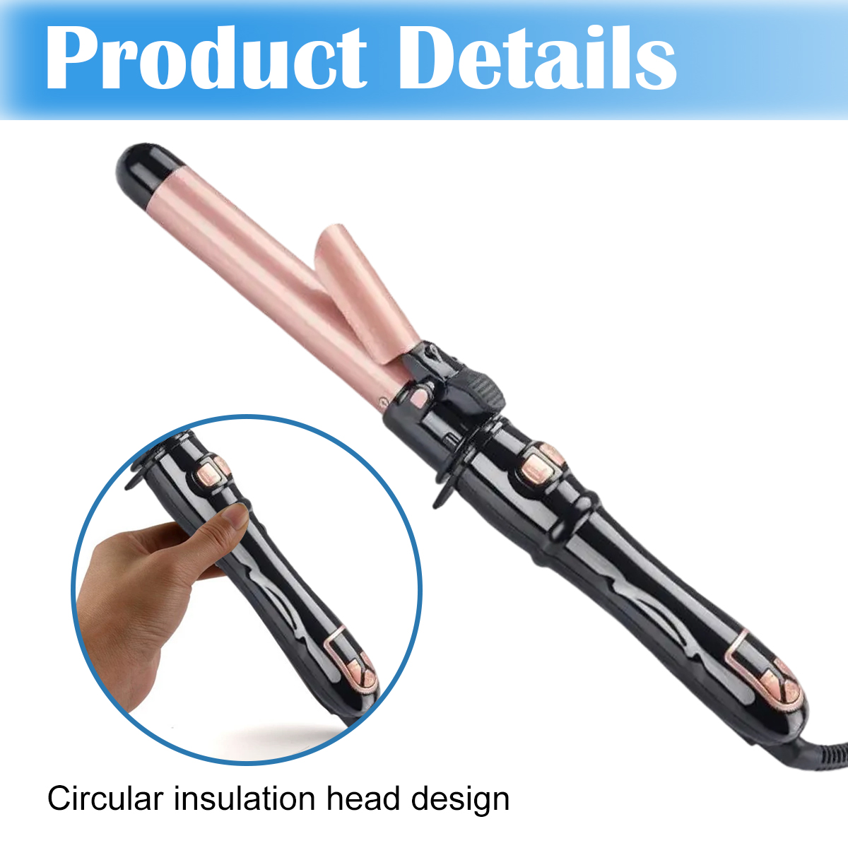 Schwarzer und roségoldener Lockenstab mit kleinem Bild zur Handhabung und Text 'Produktdetails'.