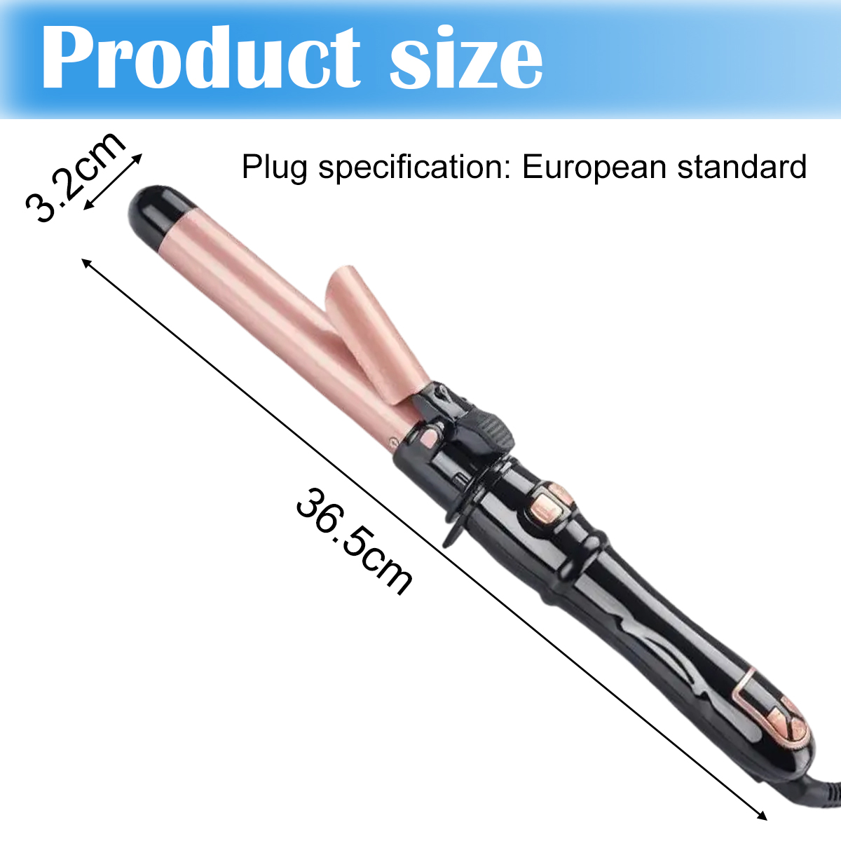 Ein Lockenstab mit roségoldenen und schwarzen Details. Er ist 36,5 cm lang.