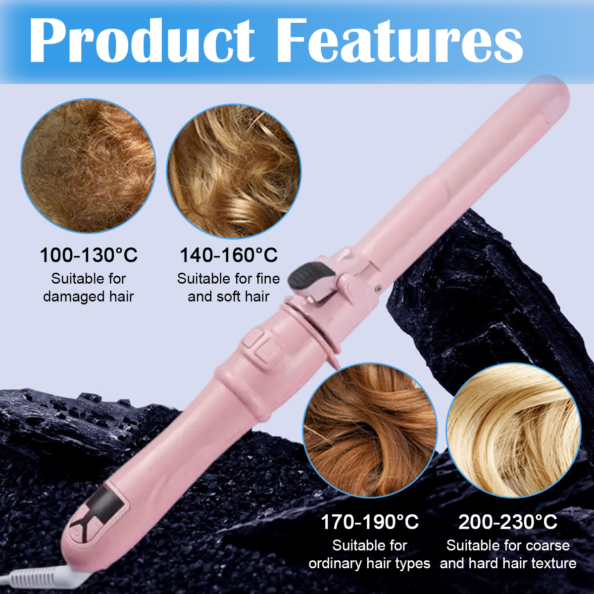 Ein rosa Lockenstab mit mehreren Haarproben, die verschiedene Temperaturen und Haartypen zeigen.