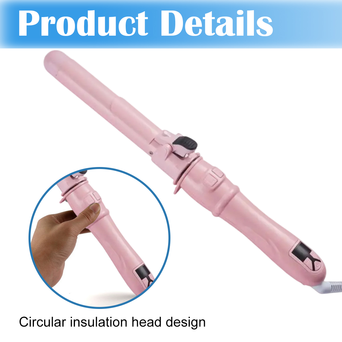 Rosa Lockenstab mit kreisförmigem Isolationskopfdesign. Eine Hand hält ein ähnliches Bügeleisen im Einsatz.