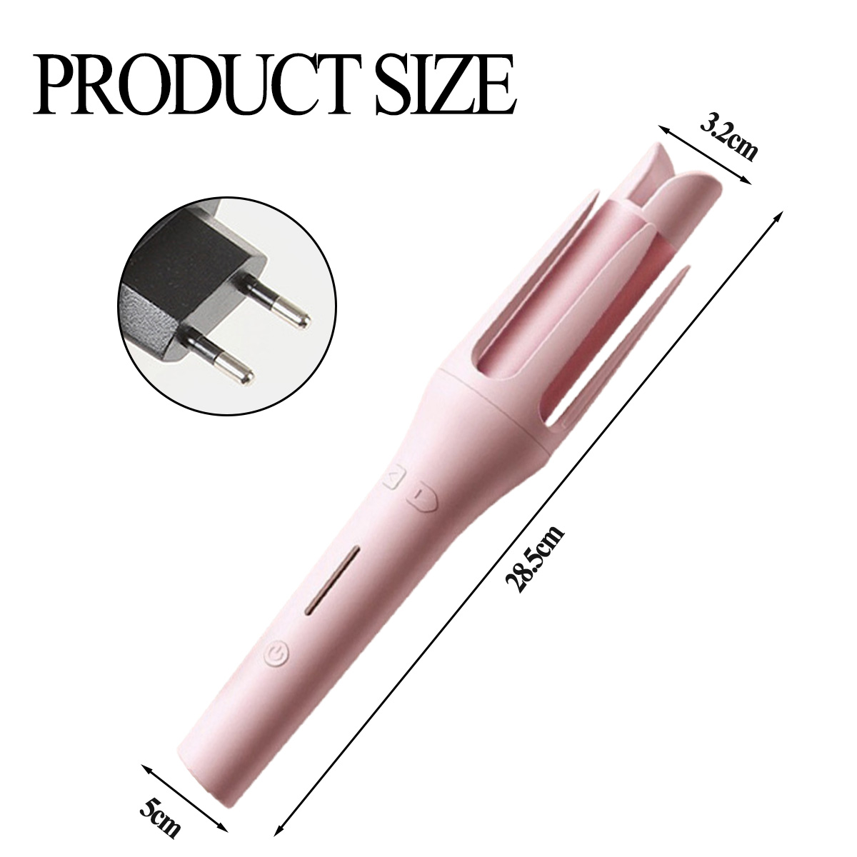 Ein rosa Lockenwickler mit Abmessungen und Stecker. Das Gerät ist rosa und hat ein paar Knöpfe.