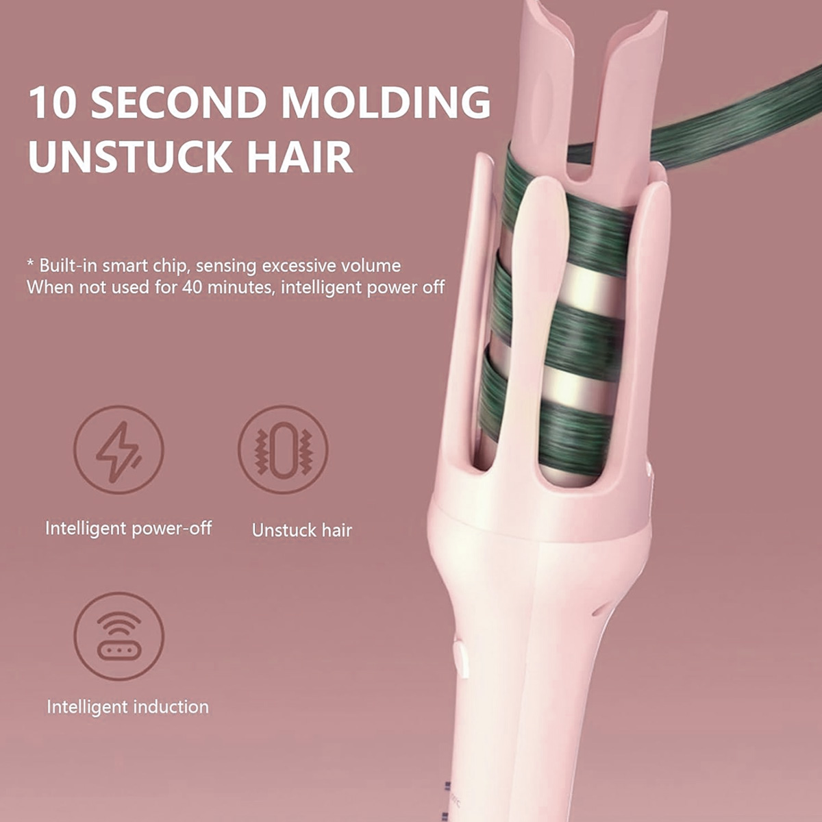Haar-Lockenstab mit rosa Griff und grünem Haar, mit Symbolen für Strom und Haarpflege.