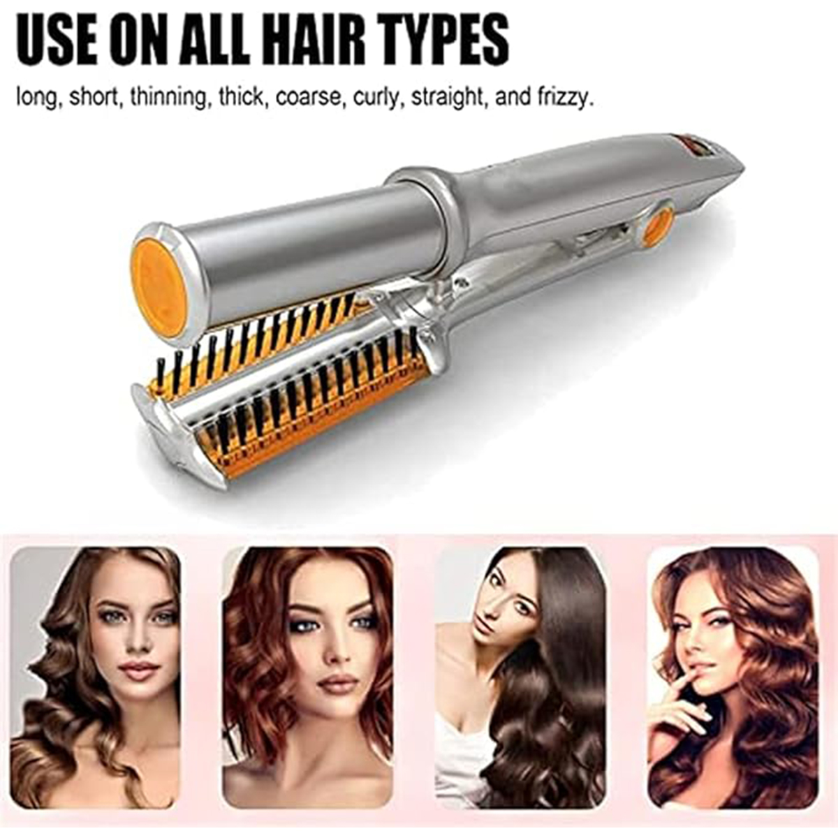 Haarstyler mit orangefarbenen Akzenten, verwendet bei verschiedenen Frauen mit unterschiedlichen Haartypen.