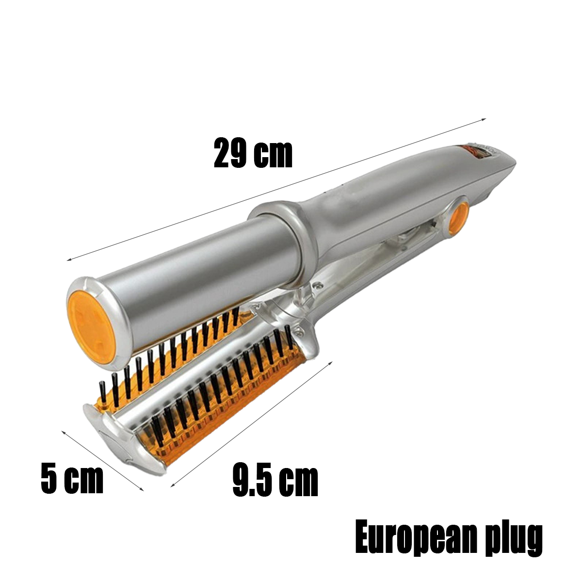 Ein silbernes und oranges Glätteisen mit Maßen und dem Text 'European plug'.