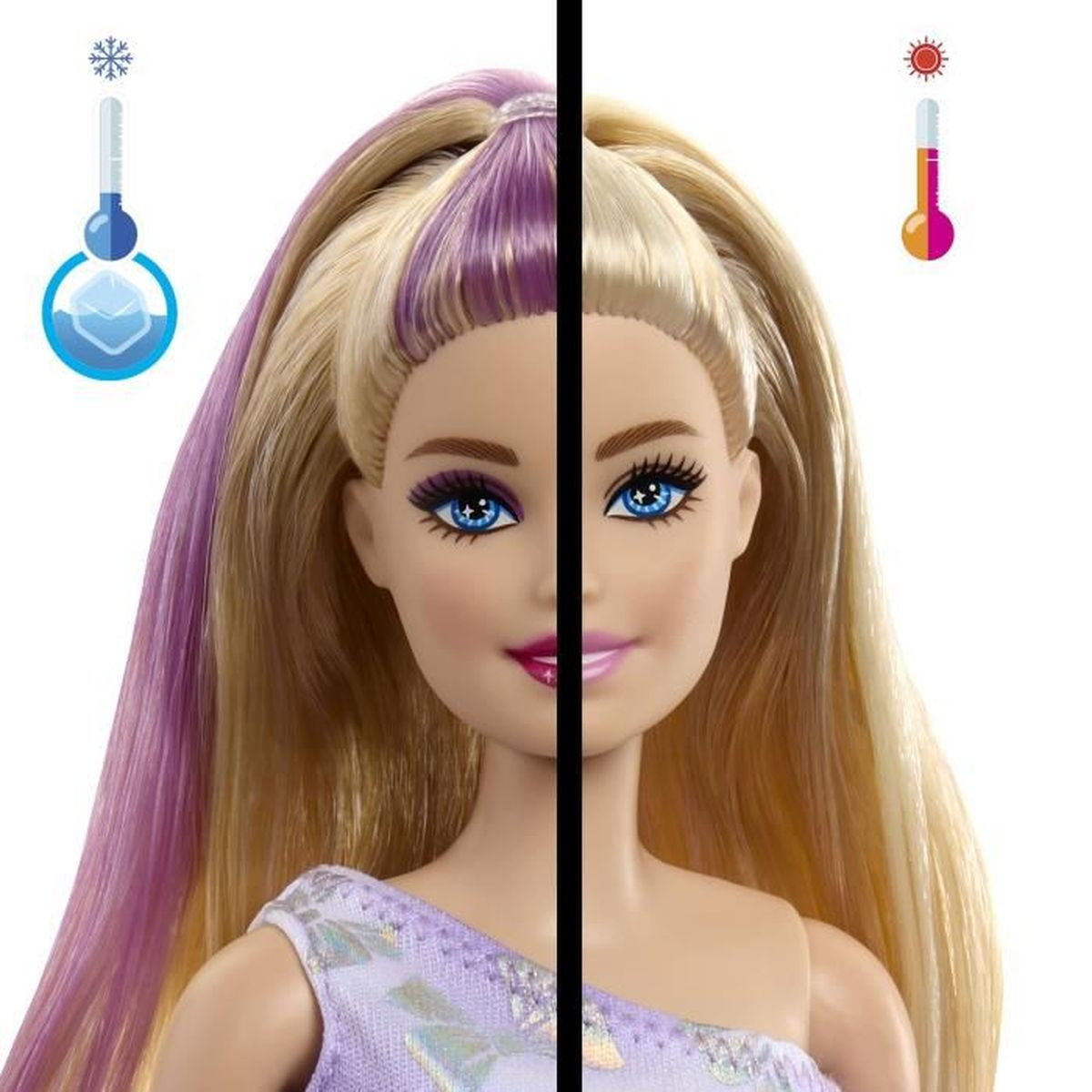 Barbie-pop met gespleten gezicht. Eén kant heeft paars haar, de andere blond. Thermometers.