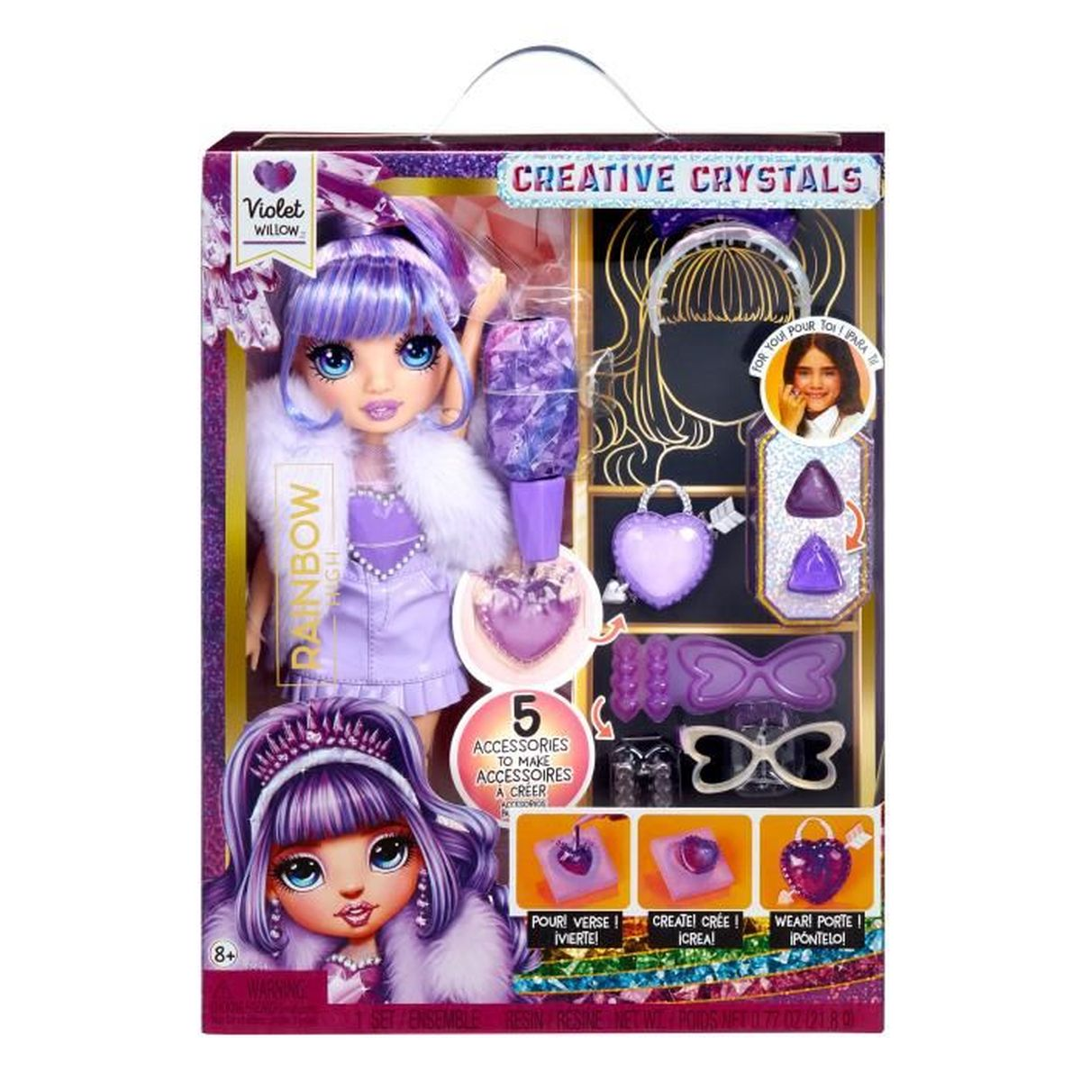 Box-Set mit einer Puppe und Zubehör. Rainbow High Puppe mit violetter Haarfarbe, verschiedene Artikel gezeigt.