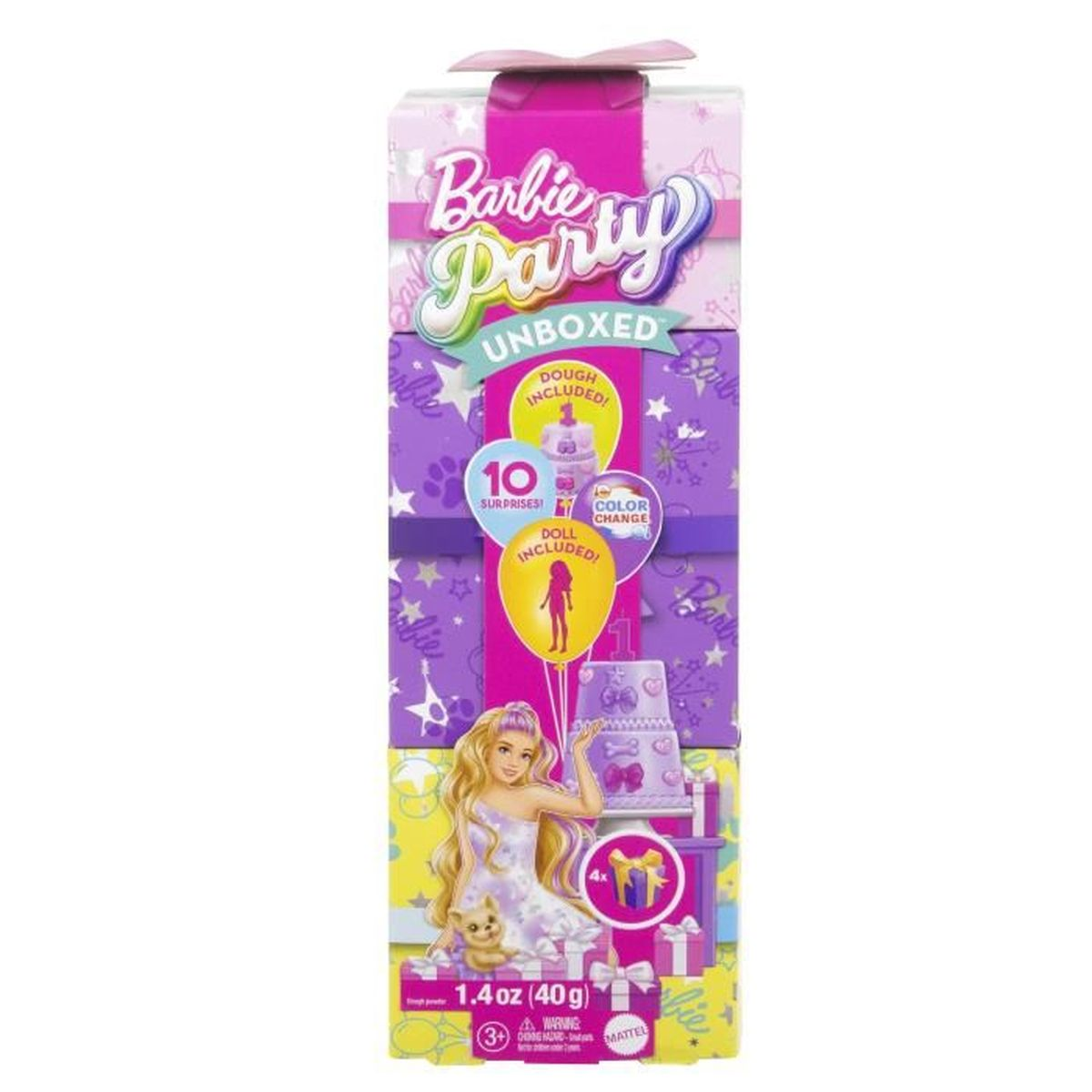 Barbie Party Unboxed doos met een pop, taart en accessoires. Paarse, roze en witte kleuren.