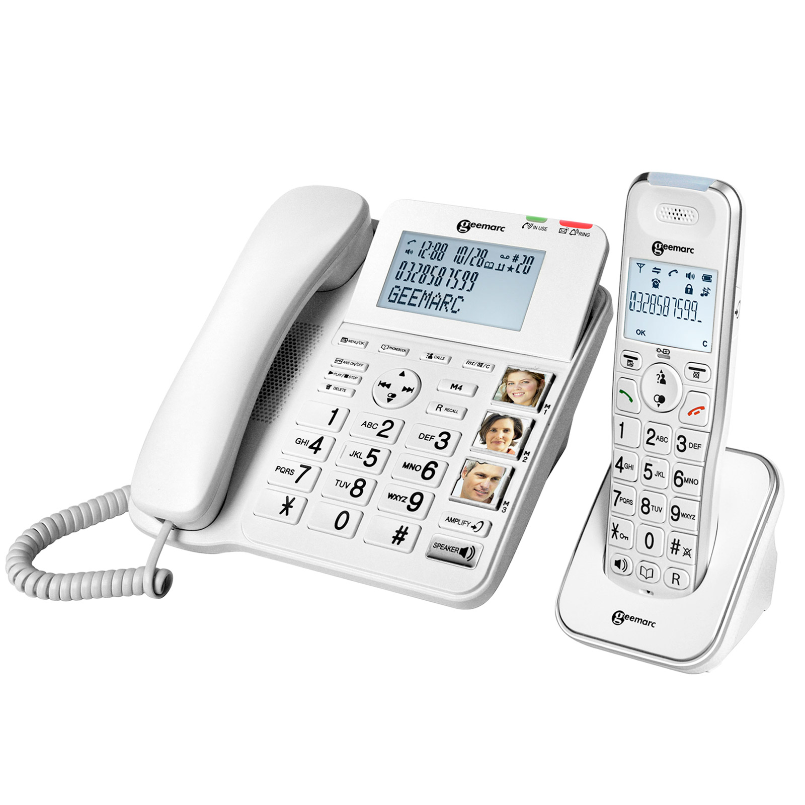 Ein weißes Festnetztelefon und ein weißes schnurloses Telefon auf einer Basis. Das Display zeigt Zahlen.