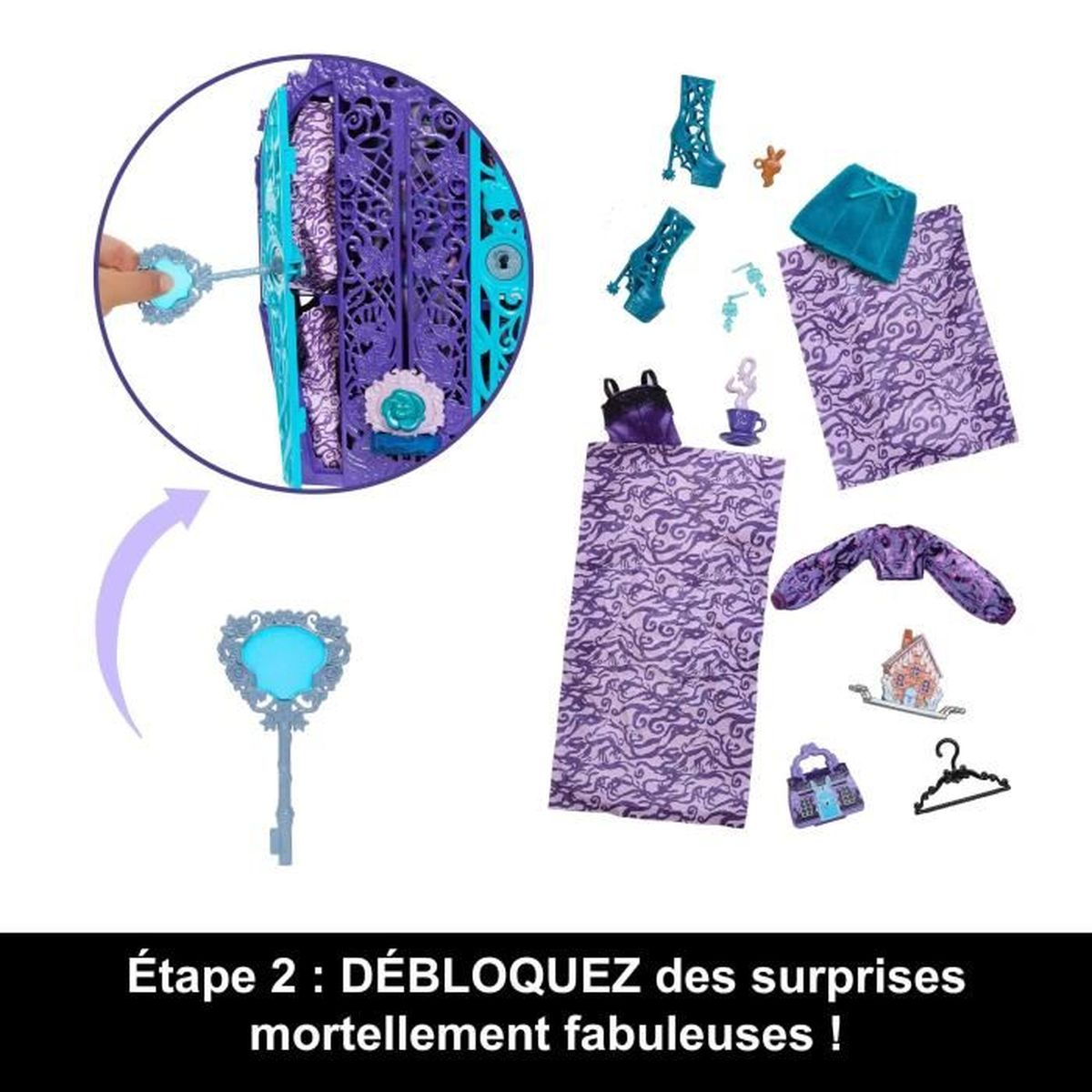 Un juego de muñecas con accesorios que incluyen una llave y una cerradura.