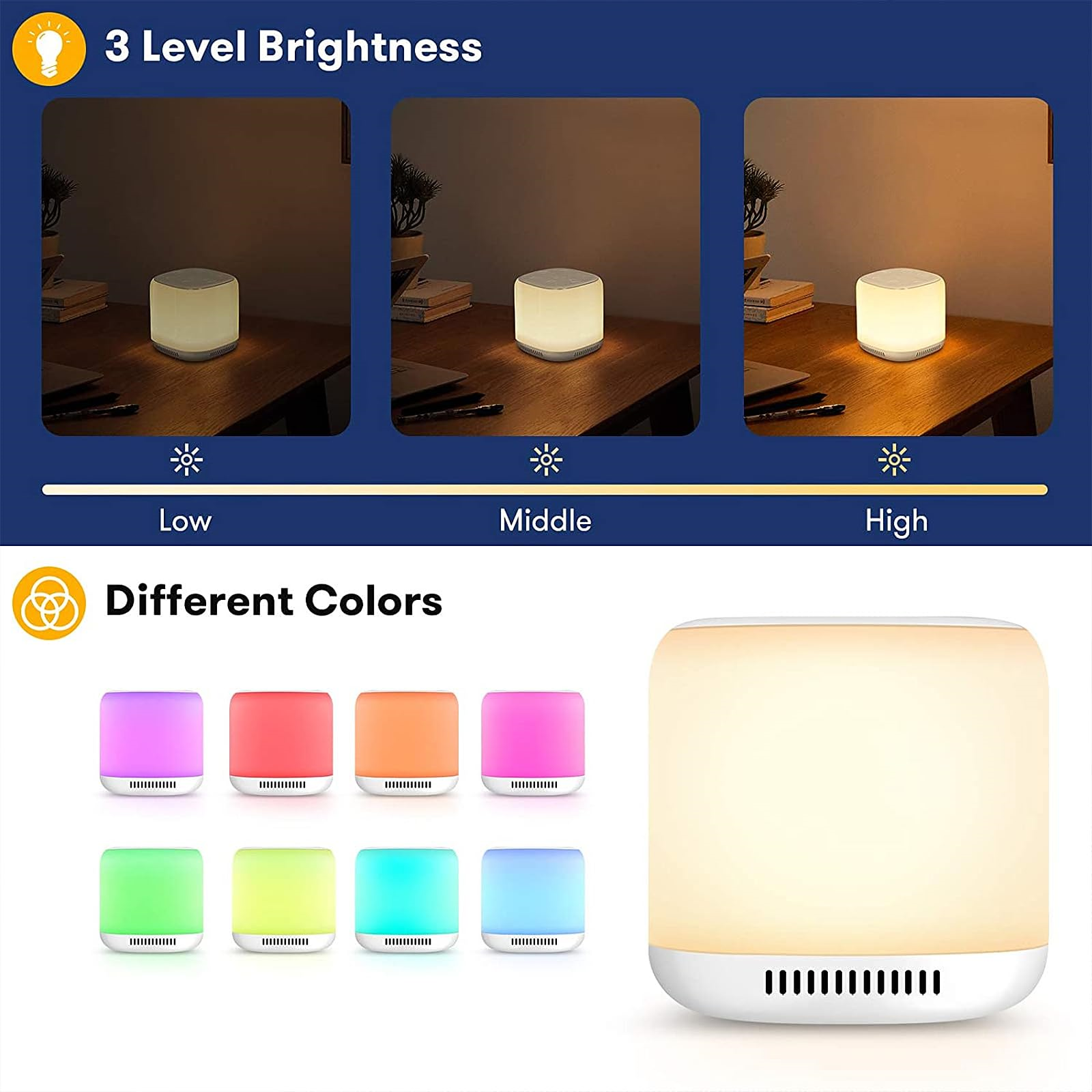 Eine weiße Nachttischlampe mit drei Lichteinstellungen und verschiedenen Farben.