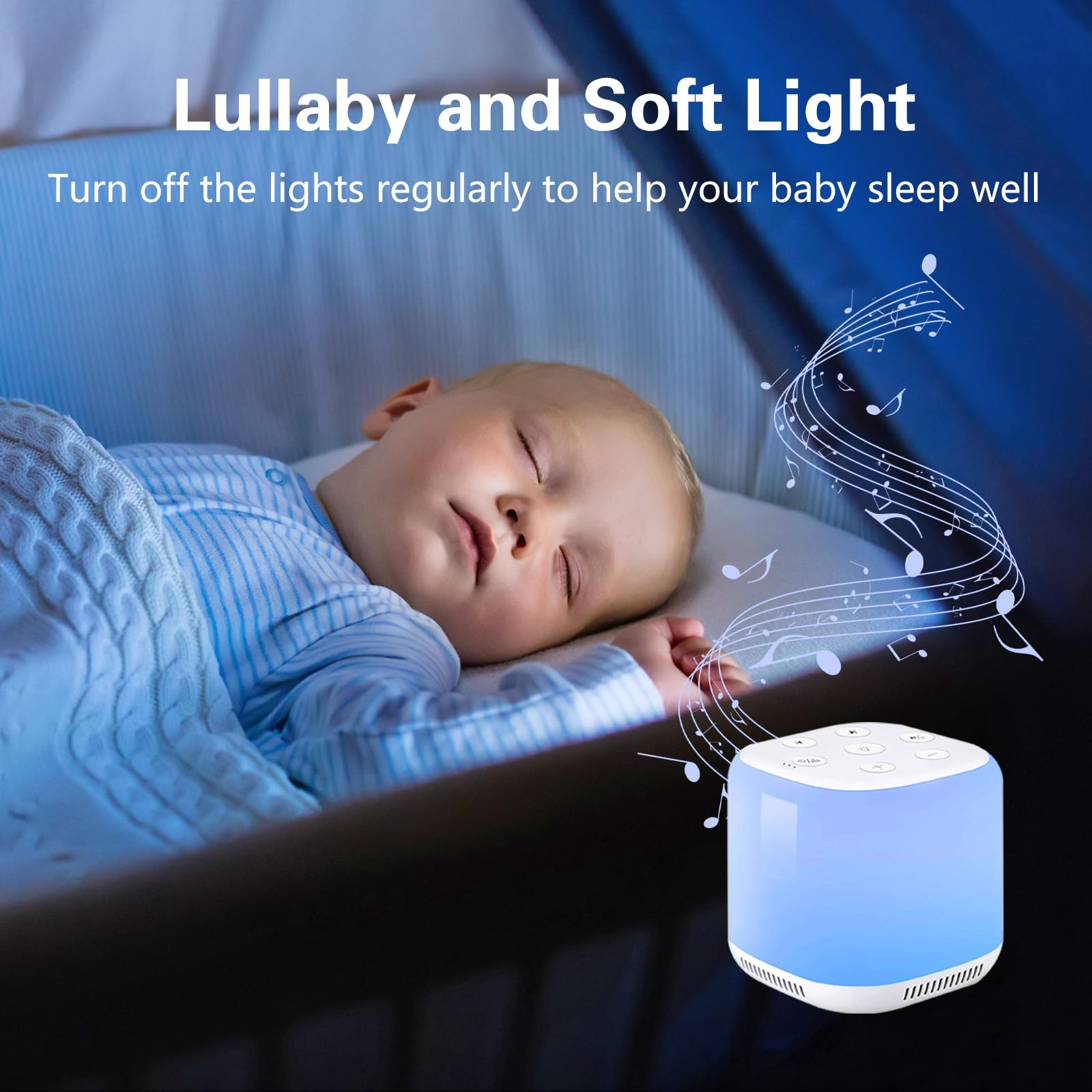Baby schläft in einem Kinderbett. Eine Soundmaschine befindet sich im Vordergrund.
