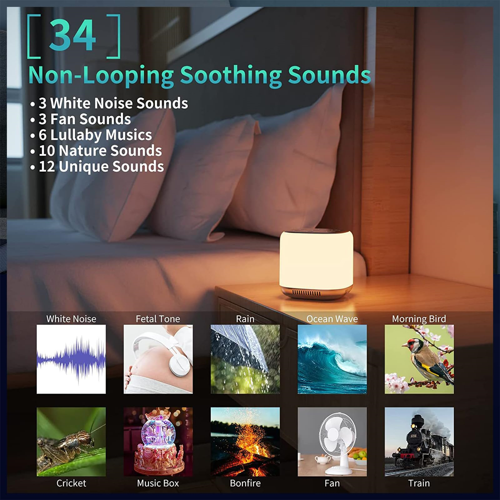 Geräuschmaschine mit verschiedenen Soundoptionen und visuellen Darstellungen.