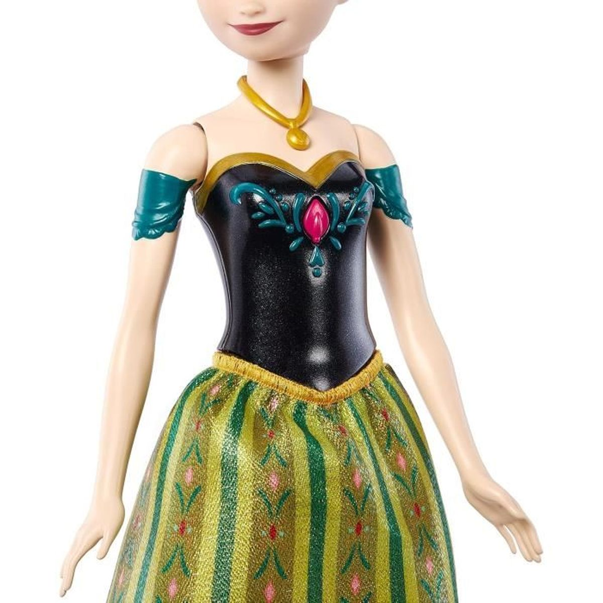 Una muñeca de Anna de Frozen, con un corpiño negro y falda verde y amarilla.