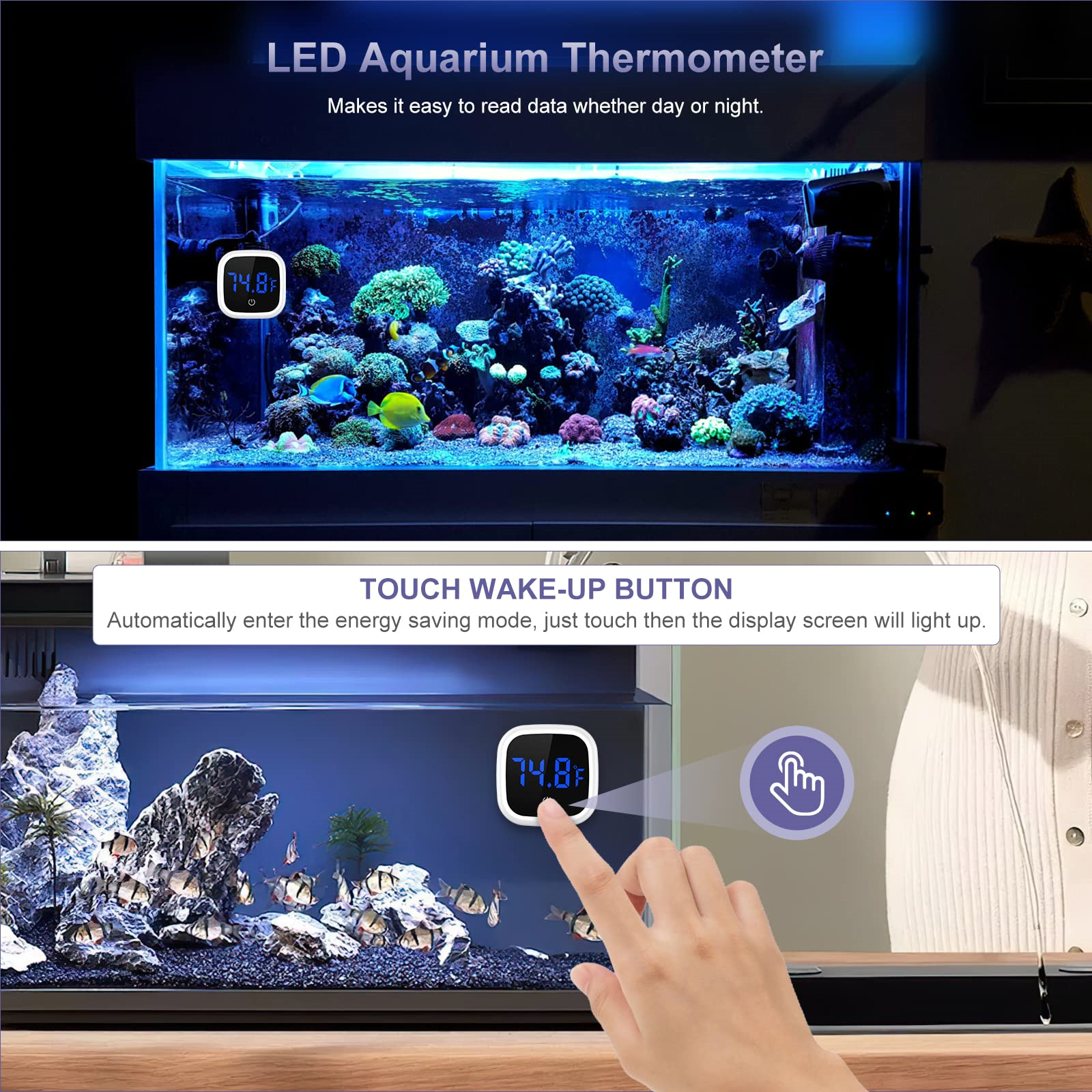 Ein Aquarium mit Thermometer, das 74,8 Grad anzeigt, und eine Hand, die das Gerät berührt.