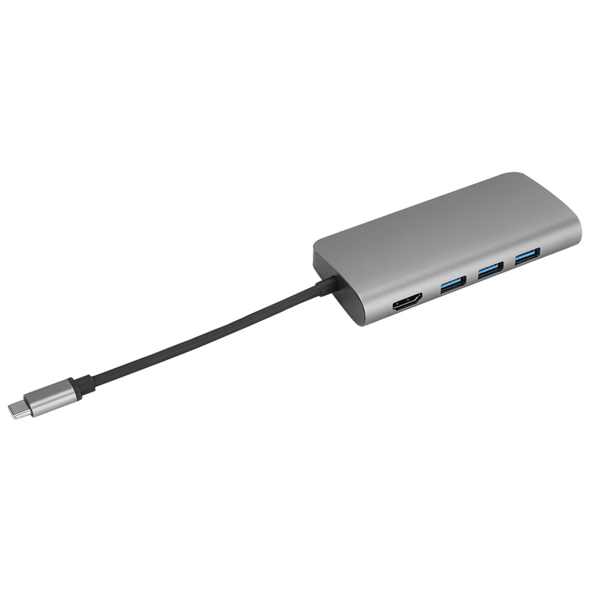 Silberner und grauer USB-C-Hub mit HDMI- und USB-Anschlüssen, verbunden mit einem Kabel.