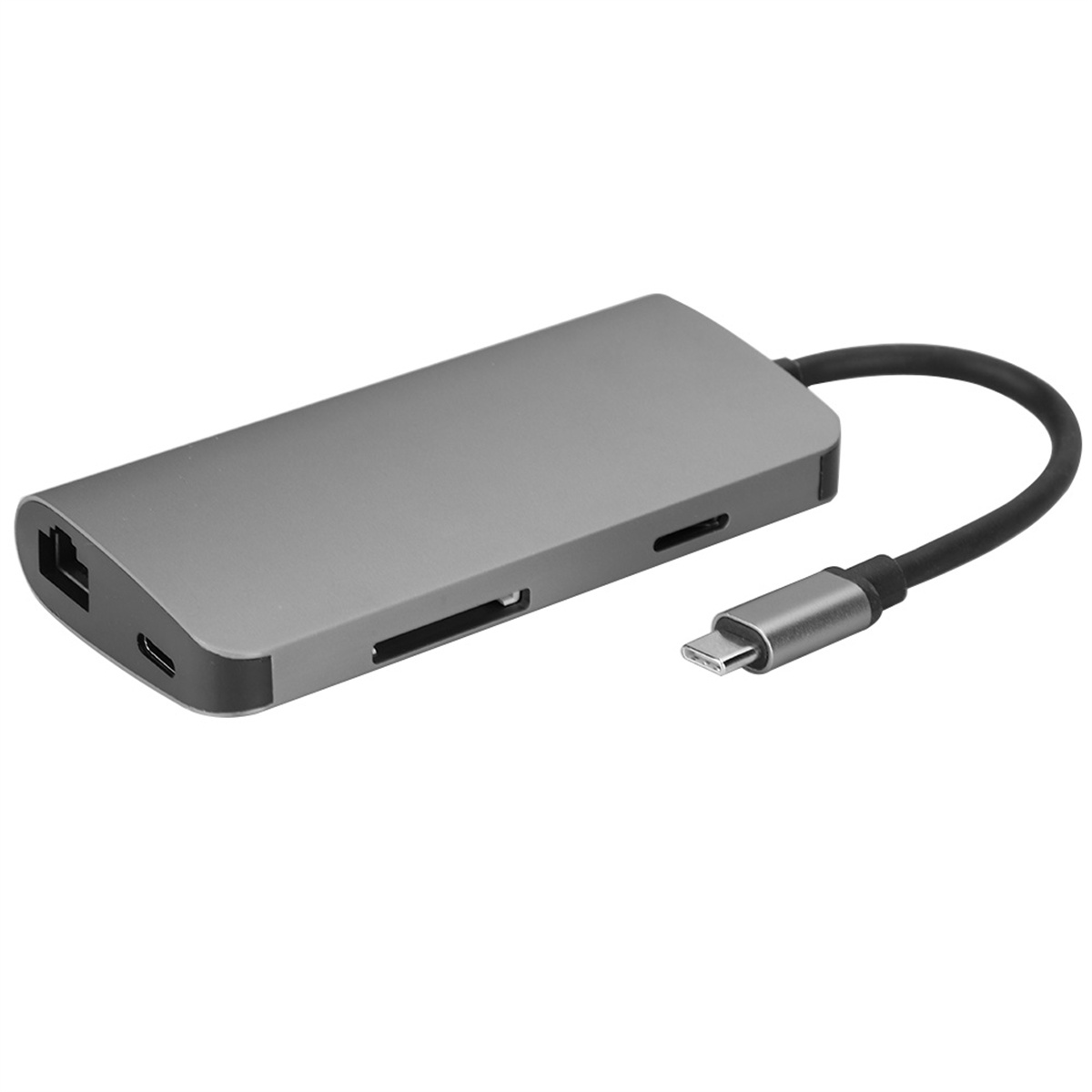 Grauer USB-C-Hub mit mehreren Anschlüssen und einem schwarzen USB-C-Kabel. Der Hub hat ein schlankes Design.