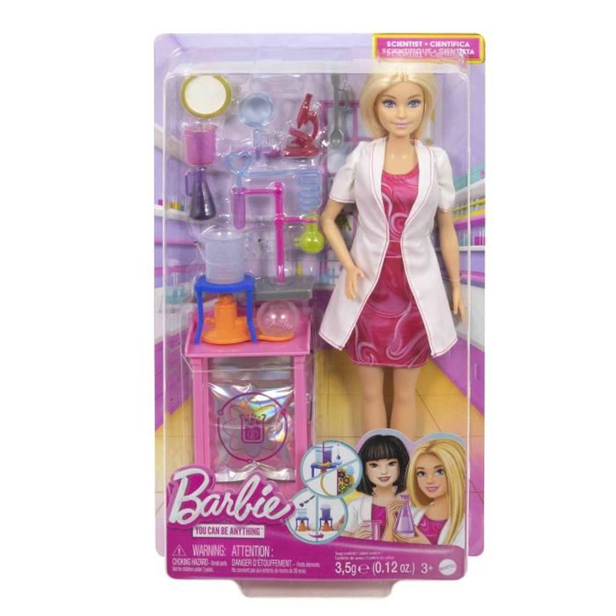 Lalka Barbie w fartuchu laboratoryjnym i różowej sukience, ze sprzętem laboratoryjnym i dwoma innymi obrazami Barbie.