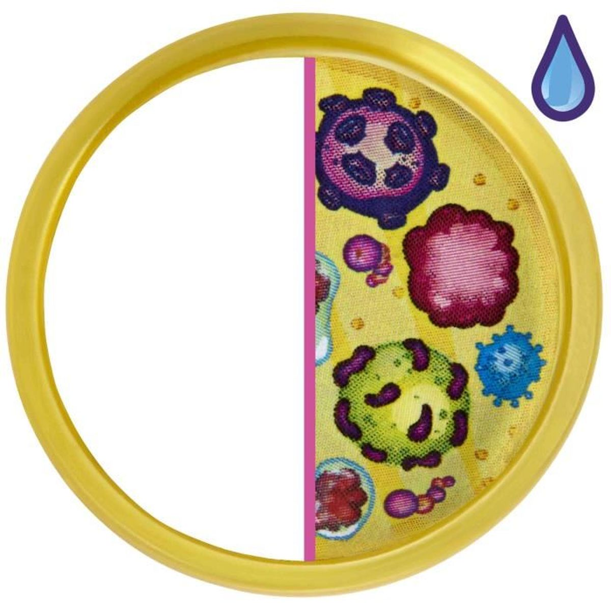 Żółte koło z połową kolorowych drobnoustrojów. Obecny symbol kropli wody. Obraz dla filtra.