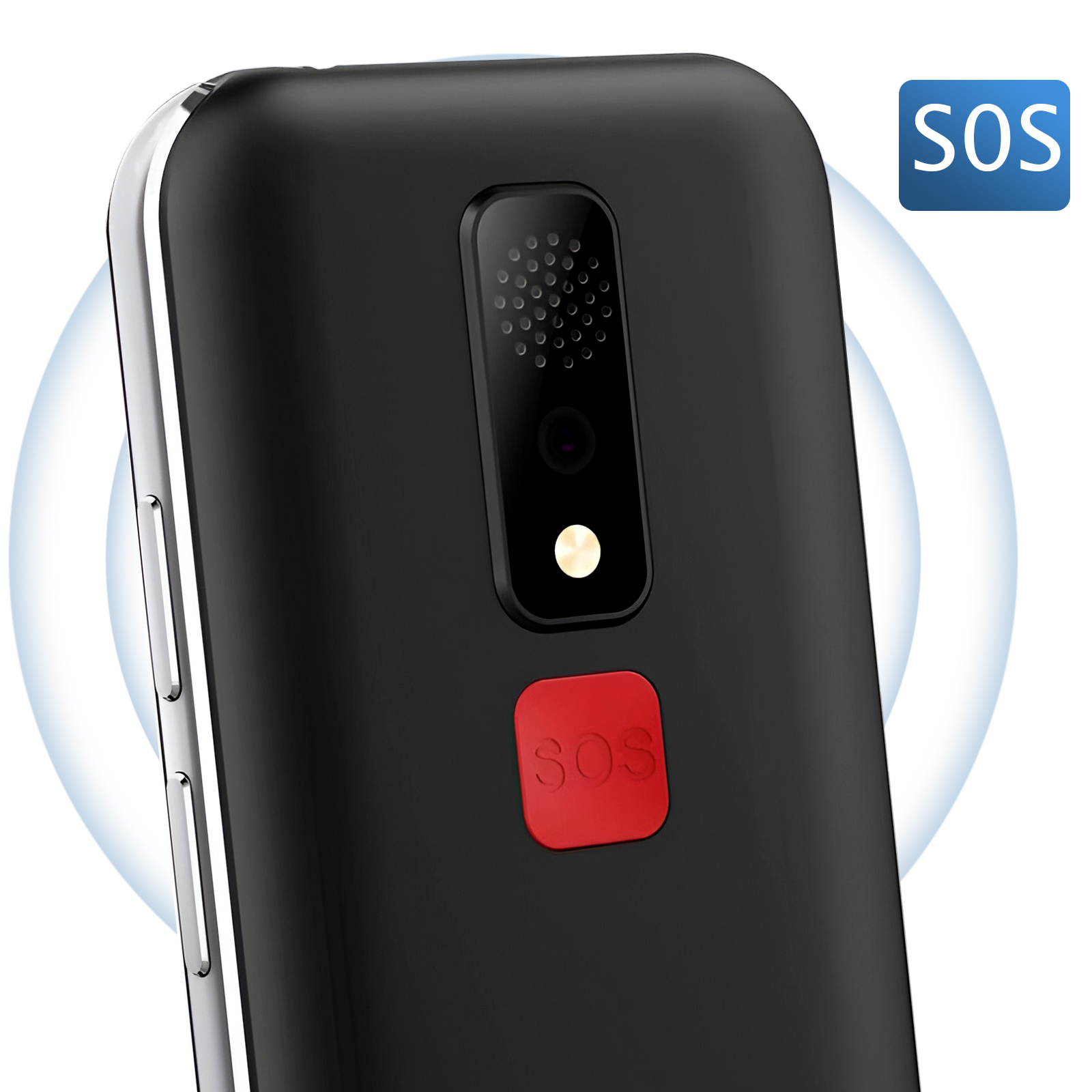 Schwarze Telefonrückseite mit SOS-Taste und Kamera. Text: SOS.