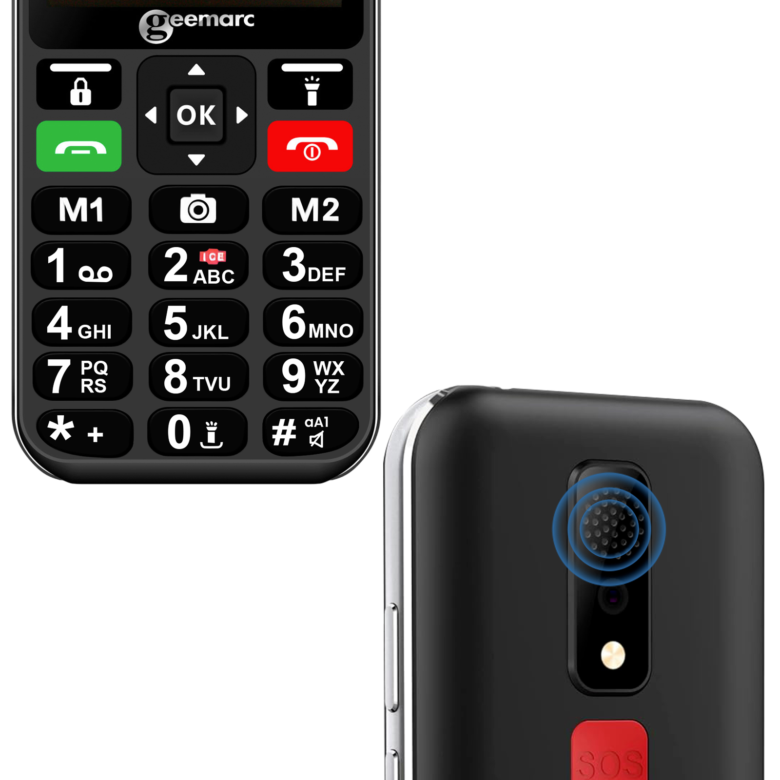 Schwarzes Mobiltelefon mit großen Tasten und roter SOS-Taste.