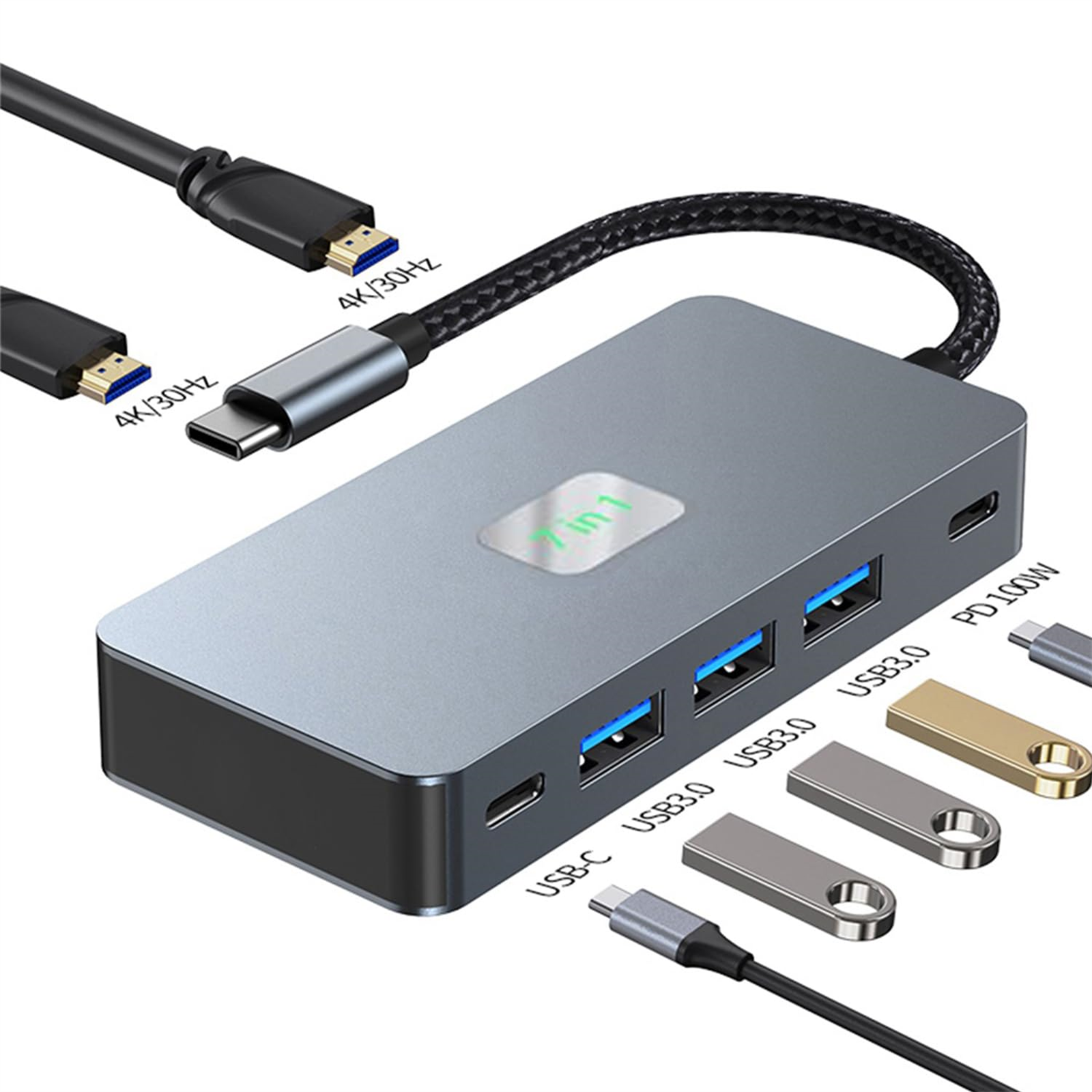 USB-Hub mit mehreren Anschlüssen und USB-Laufwerken. Silberne und goldene USB-Laufwerke sind angeschlossen.