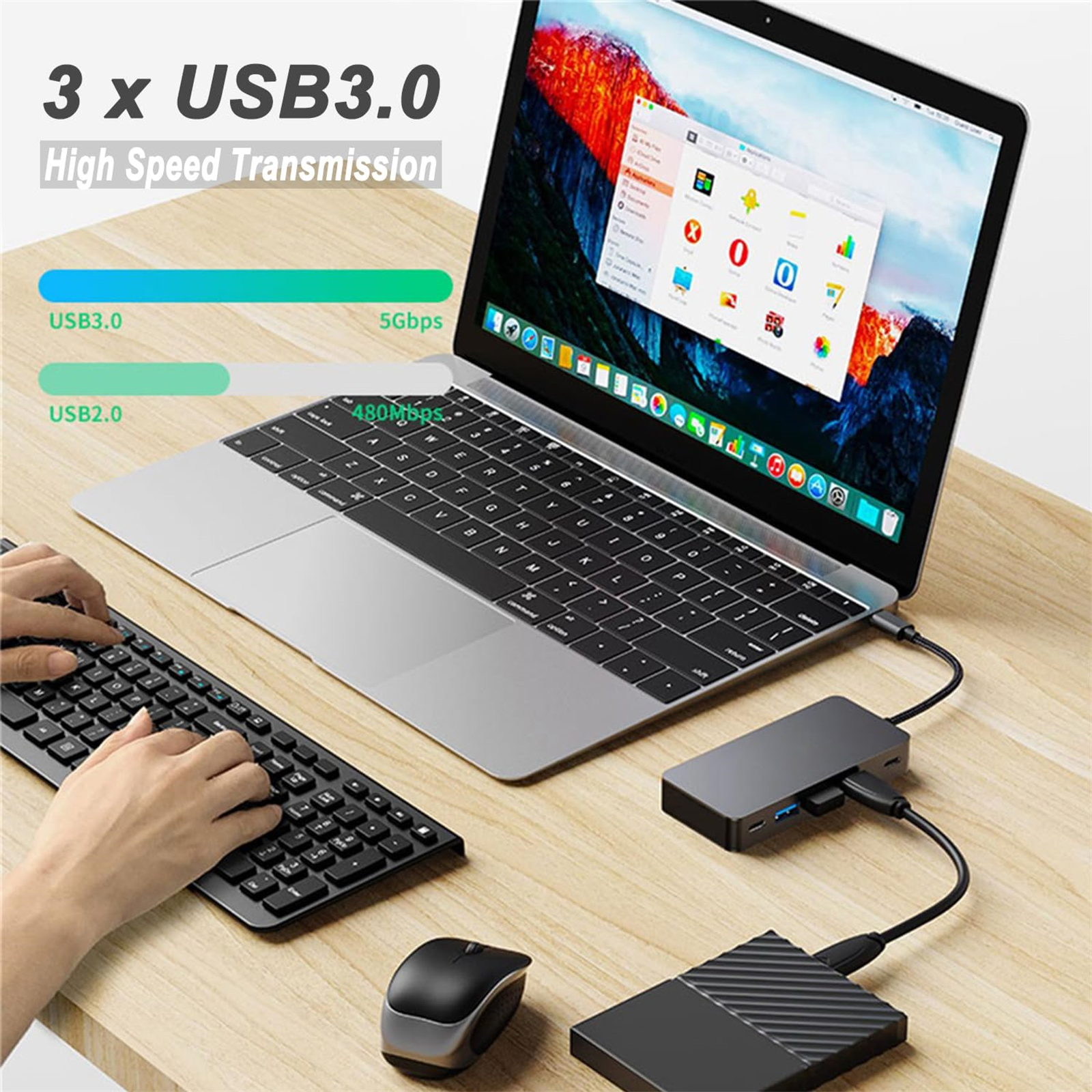 Laptop mit Hub, Tastatur, Maus verbunden. Text: 3x USB3.0 High Speed Transmission. USB 3.0 und USB 2.0 Geschwindigkeit.