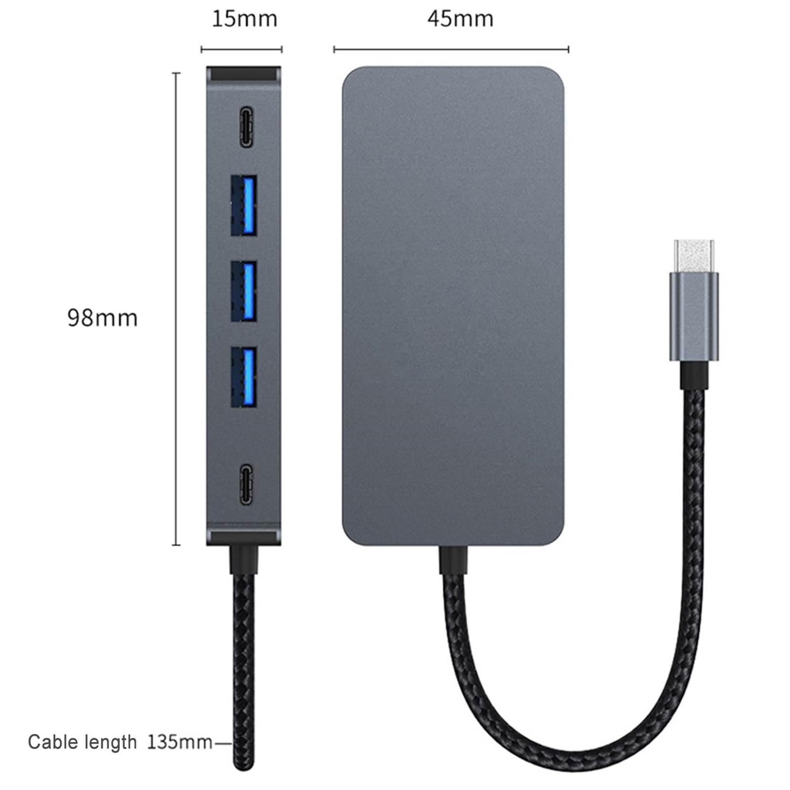 USB-C-Hub mit Anschlüssen und Abmessungen. Grauer Hub mit schwarzem Kabel, weißer Hintergrund.