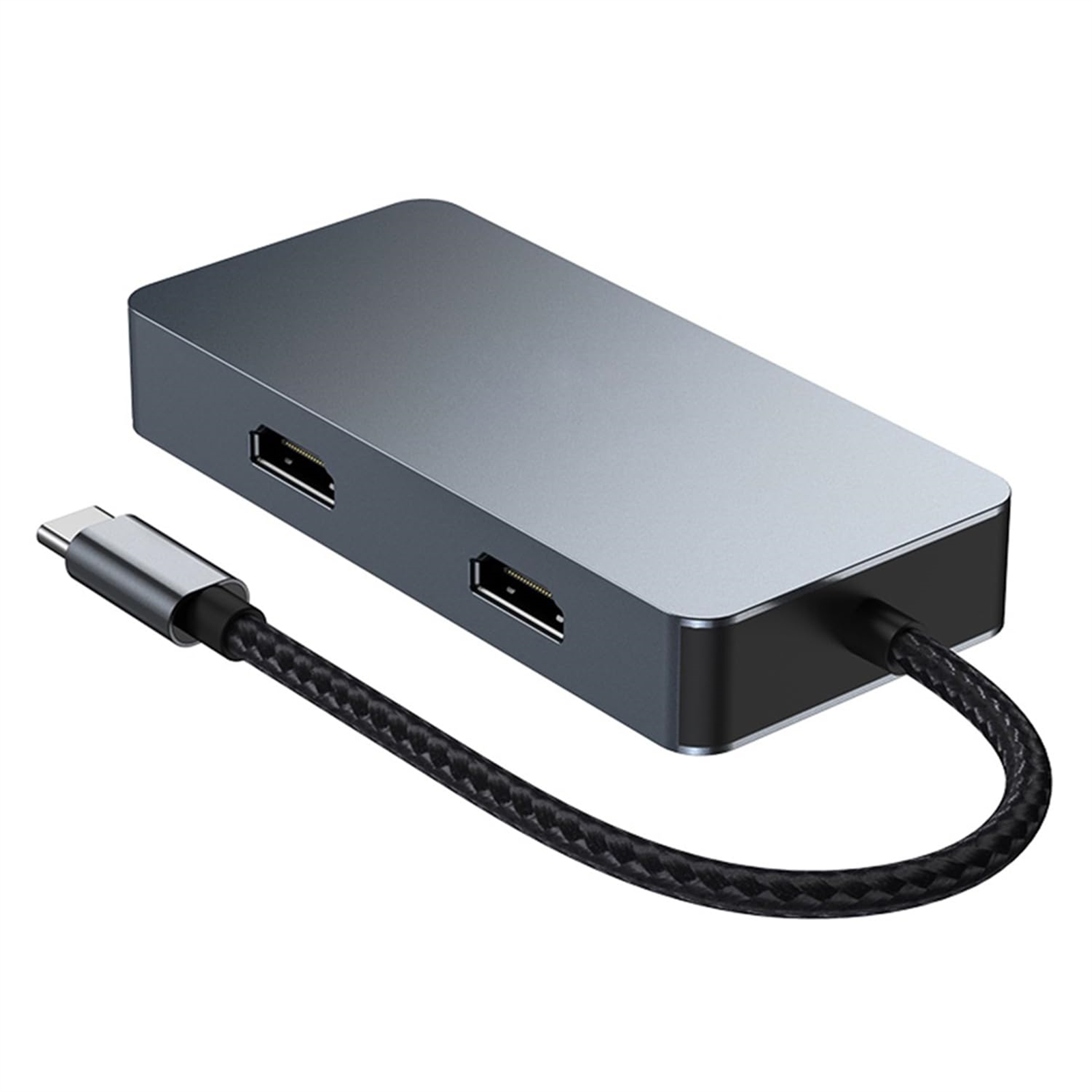 Silberner und schwarzer USB-C-Hub. Verfügt über HDMI-Anschlüsse und ein geflochtenes Kabel.