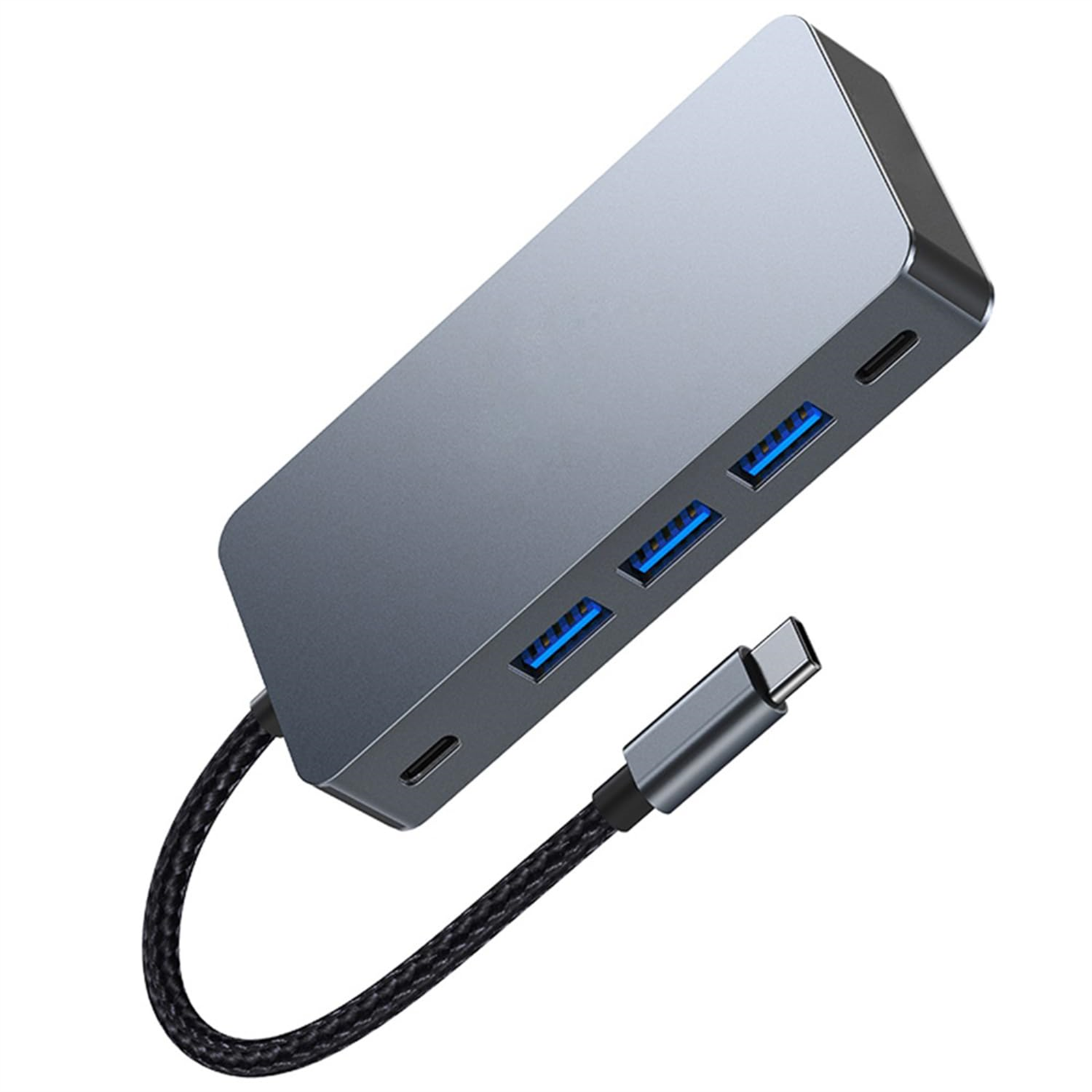 Ein grauer USB-C-Hub mit mehreren USB-Anschlüssen und einem schwarzen Kabel.