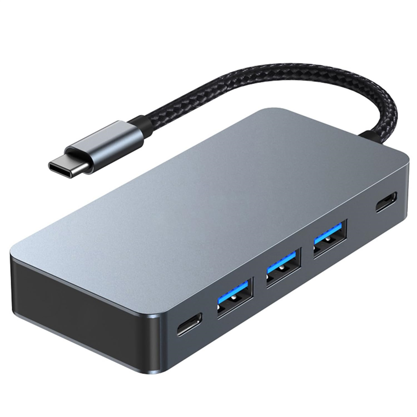 Ein grauer USB-Hub mit vier blauen USB-Anschlüssen und einem USB-C-Anschluss.