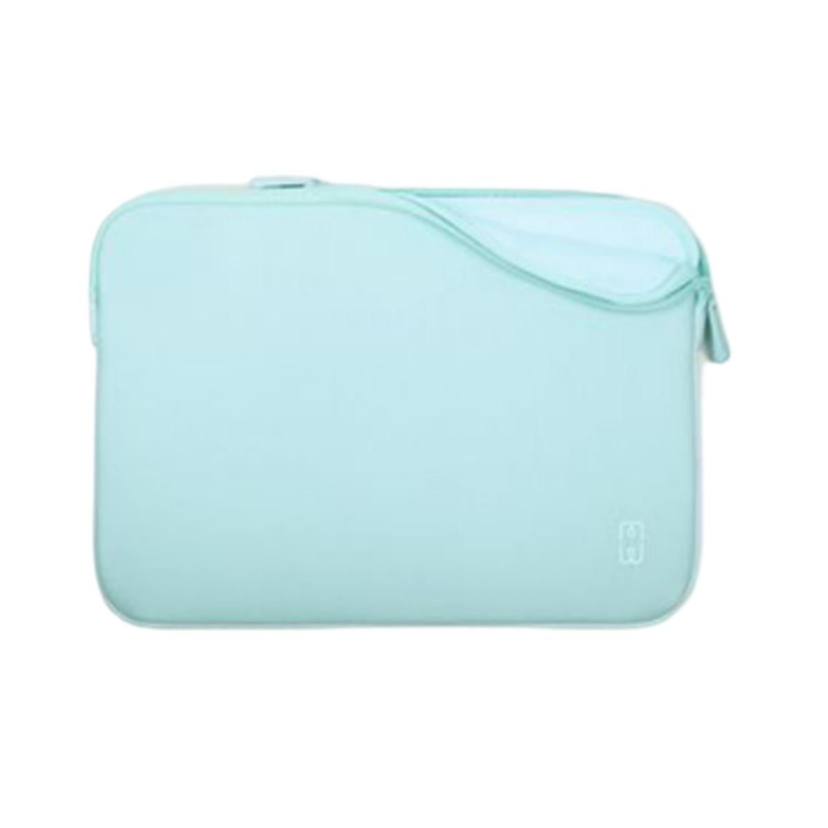 Hellblaue Laptoptasche. Reißverschluss. Eine Ecke hat ein kleines Logo.