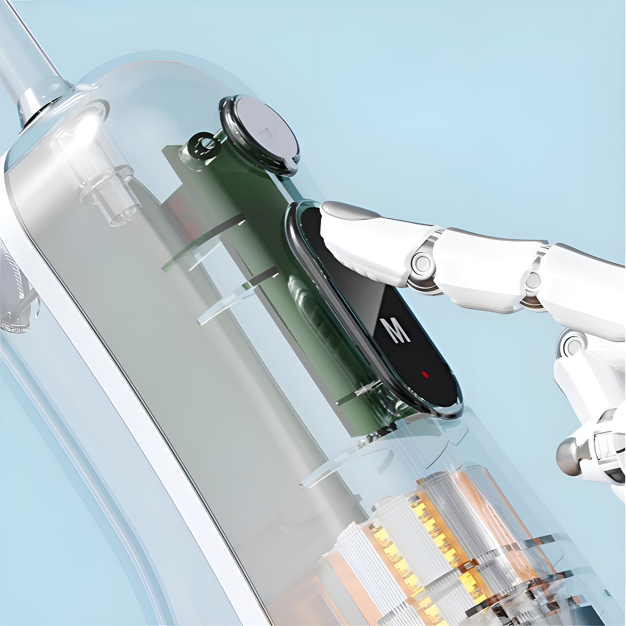 Eine Roboterhand hält ein schwarzes Gerät in einer transparenten Maschine.