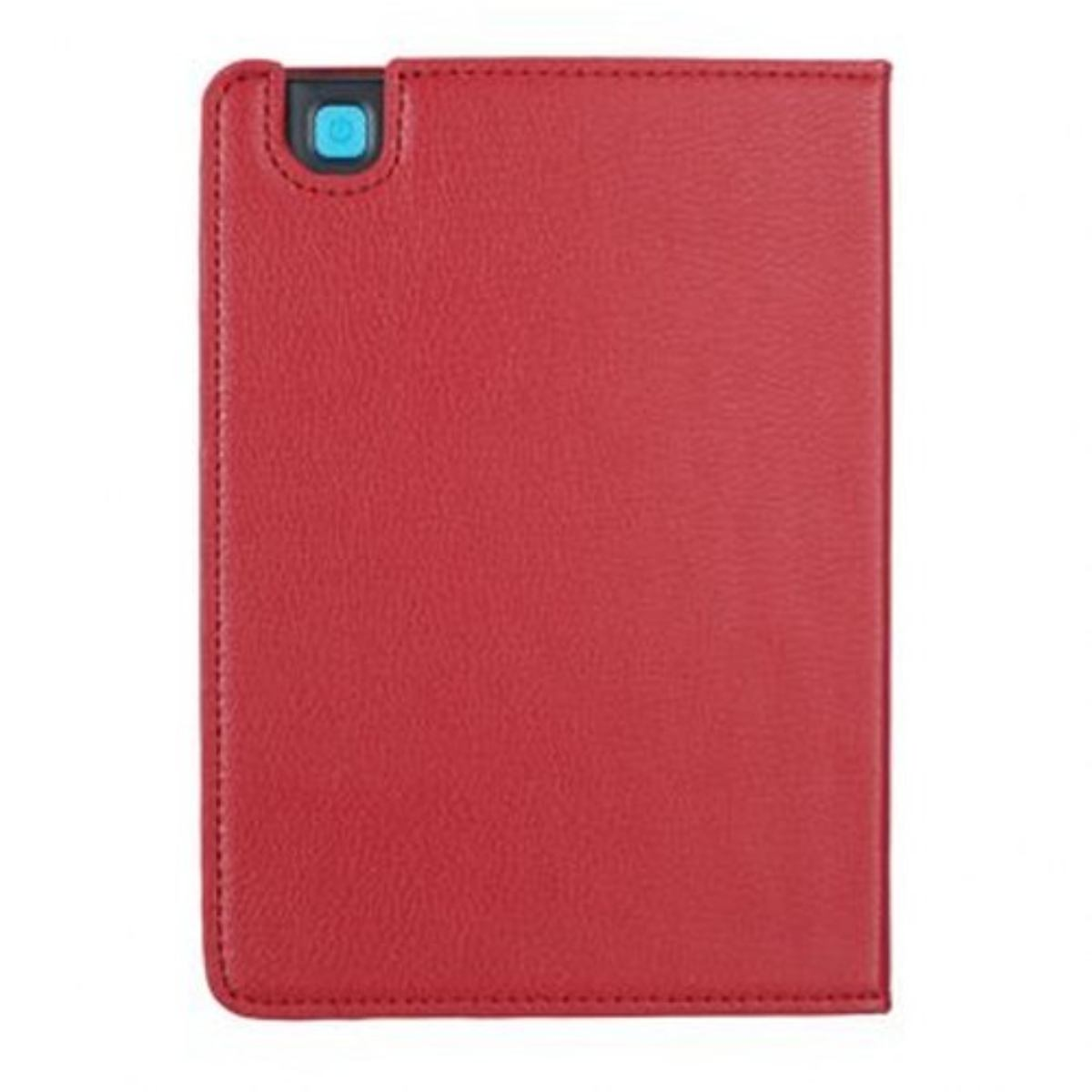 Una custodia per tablet rossa con un pulsante blu nell'angolo. La custodia è chiusa.