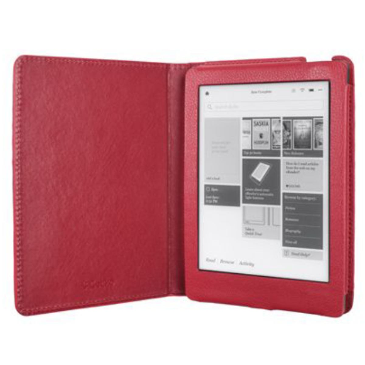 E-reader rosso in una custodia di pelle rossa. Lo schermo mostra un elenco di libri.