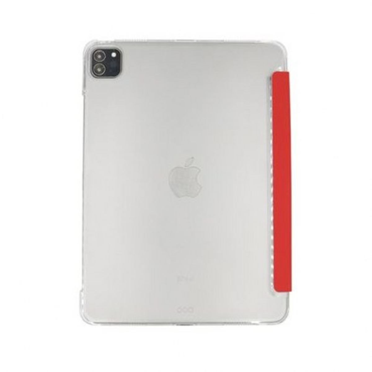Un iPad con una custodia trasparente e una cover rossa attaccata, che mostra il logo Apple.