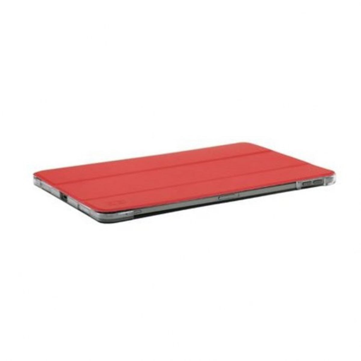 Custodia rossa per tablet su bianco. Design rettangolare. Sfondo chiaro.