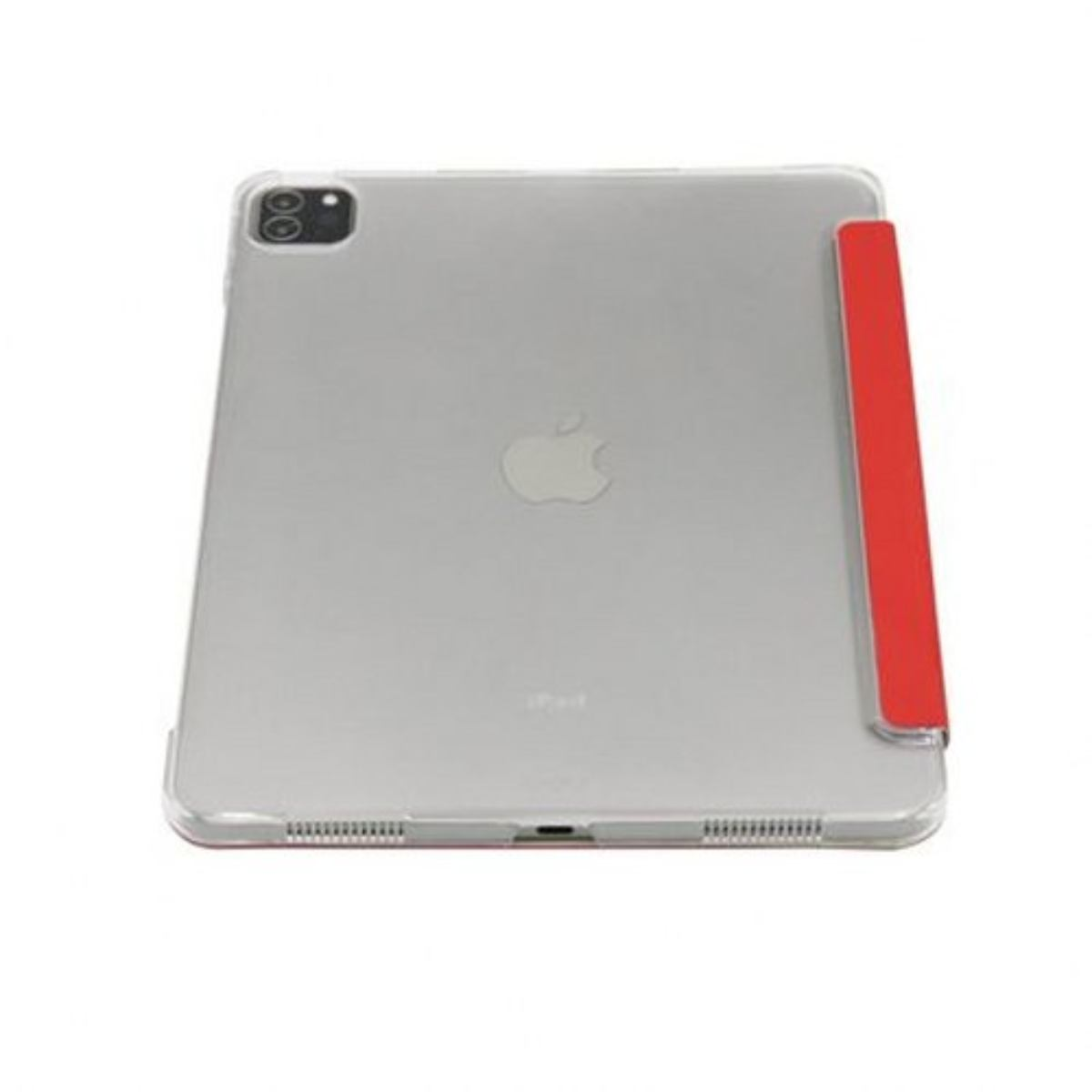 Tablet d'argento con custodia rossa attaccata. Il logo Apple è visibile sul retro.