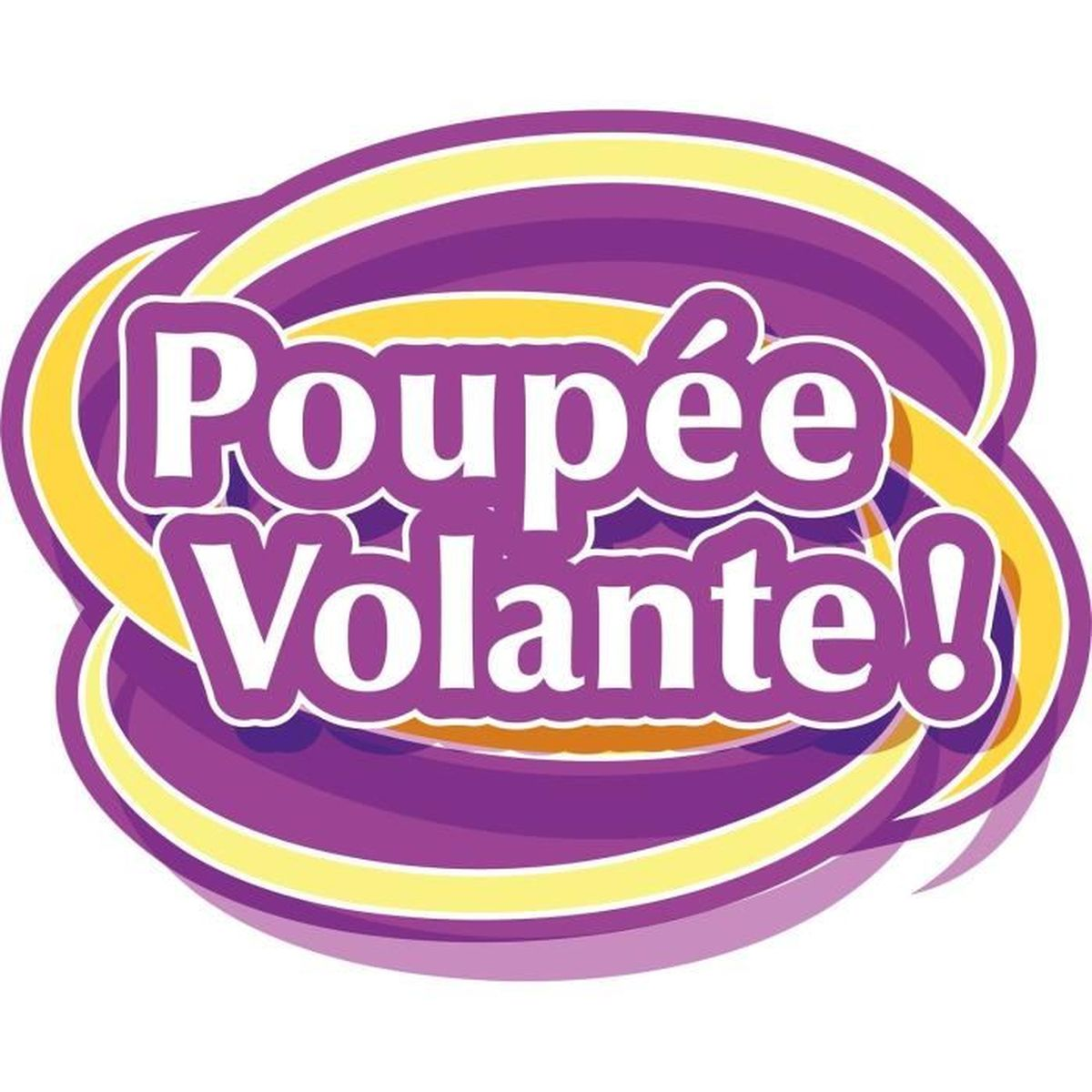Ein lila-gelbes Logo mit den Worten 'Poupée Volante!' in Weiß.