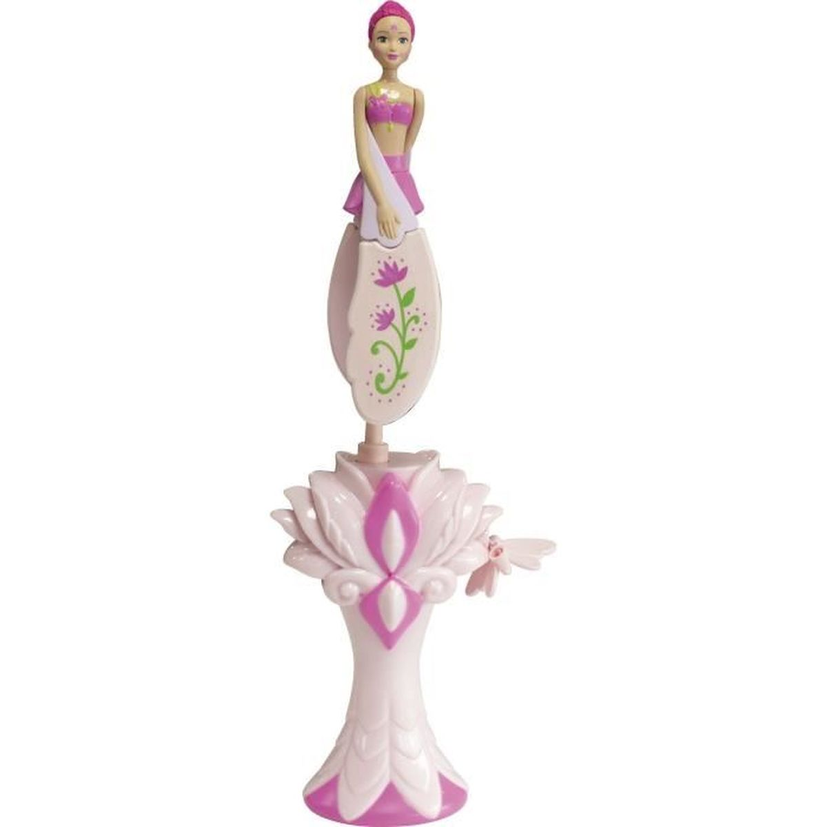 Ein rosa und weißes Spielzeug. Es ähnelt einer Blume mit einer Puppe oben. Es ist auf weißem Hintergrund.