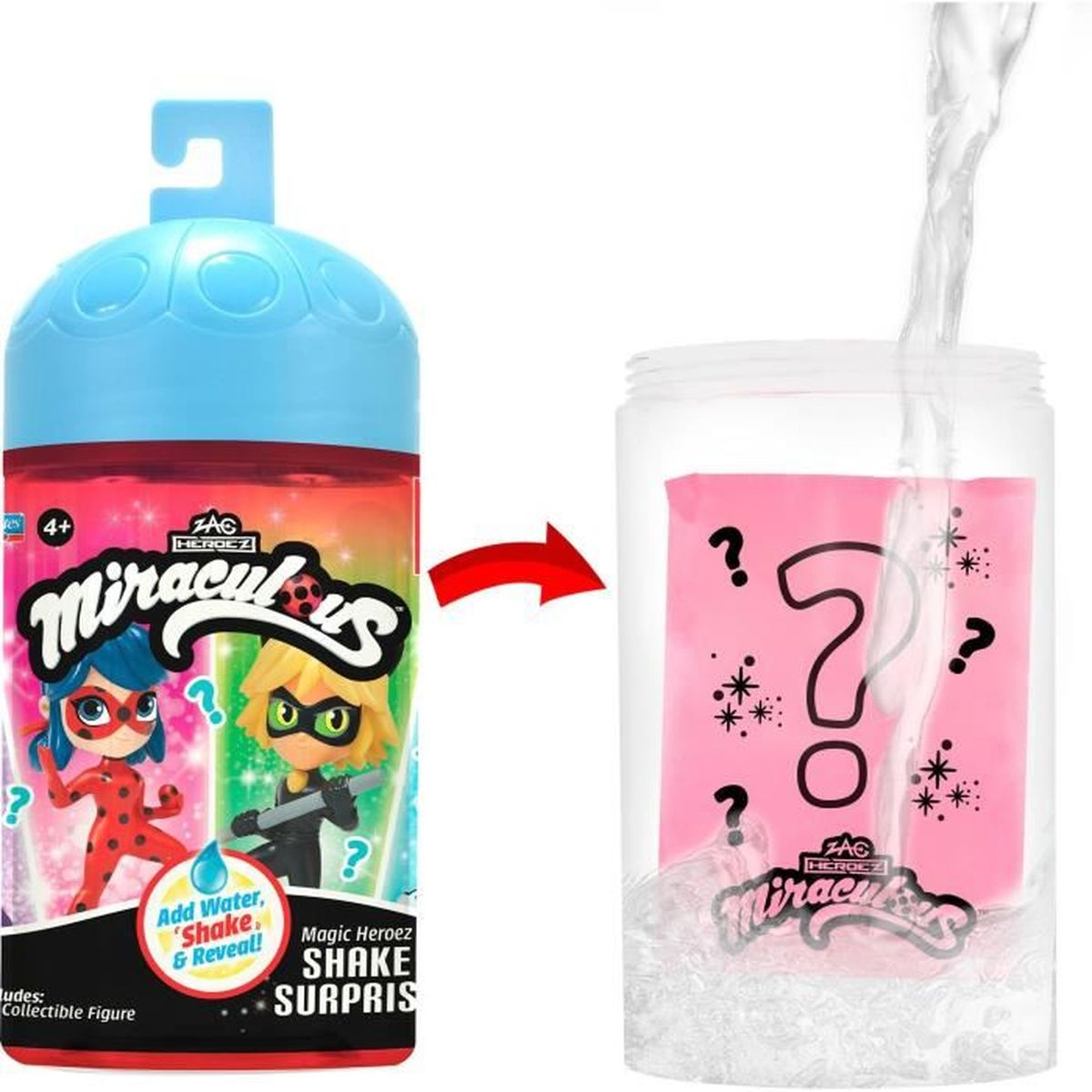 Miraculous Spielzeug mit blauer Flasche und transparentem Behälter. Wasser wird in den Behälter gegossen.