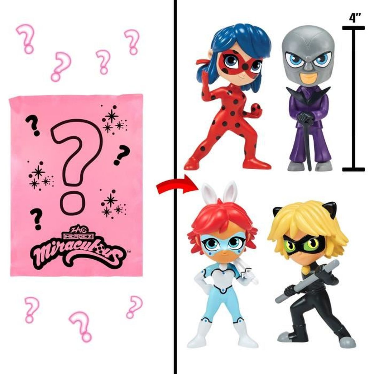 Miraculous-Spielzeug: Figuren von Ladybug, Cat Noir, Bunnyx und Hawk Moth, mit Fragezeichen und einer rosa Tasche.