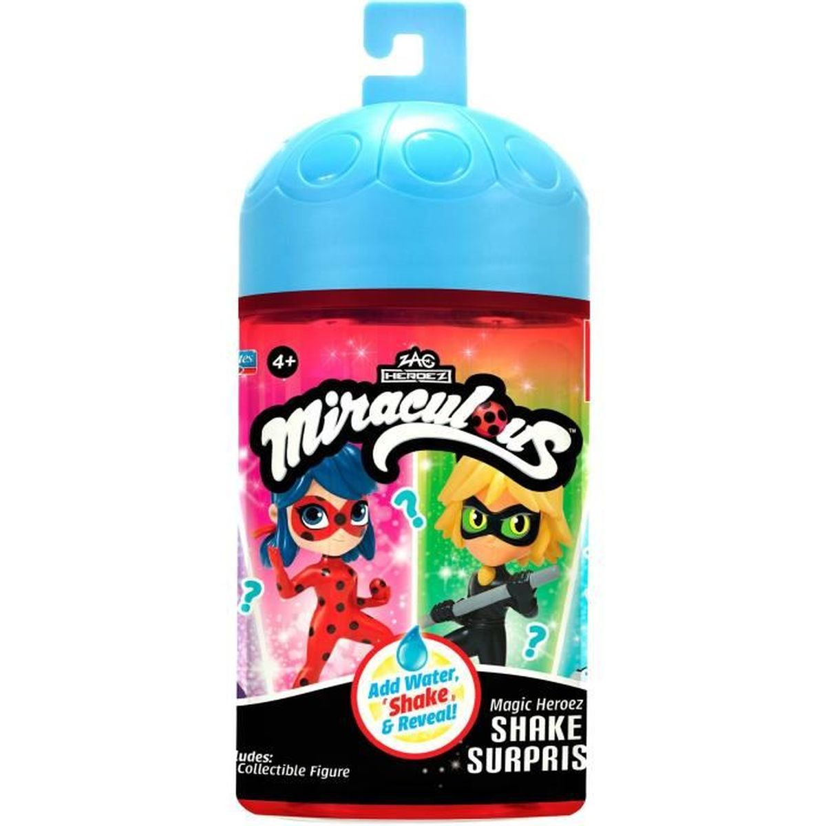 Eine Miraculous-Spielzeugverpackung mit zwei Figuren, einem rot-blauen Superhelden und einem schwarz-gelben Superhelden.