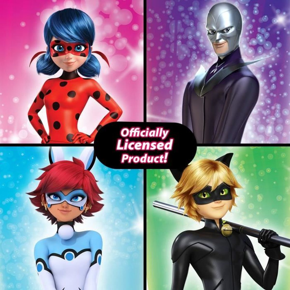 Miraculous Ladybug- und Cat Noir-Charaktere in einer Collage, mit einem Banner "Offiziell lizenziertes Produkt!"