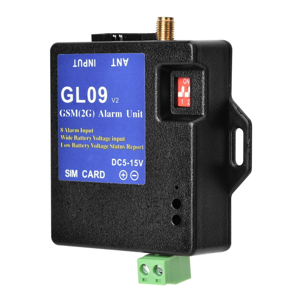Schwarze GSM-Alarmeinheit mit SIM-Kartensteckplatz, blauem Etikett, Antenne.