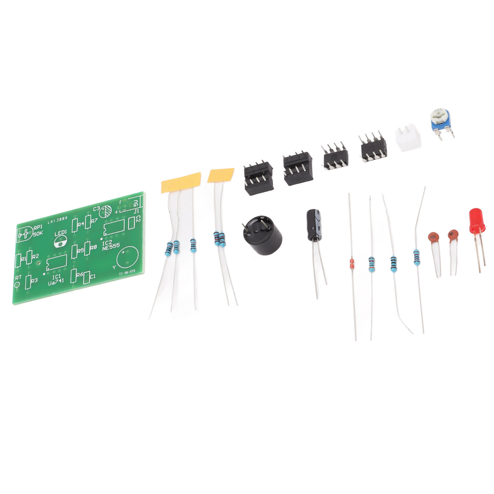 Elektronische Komponenten: Leiterplatte, Drähte, Widerstände und andere Teile.