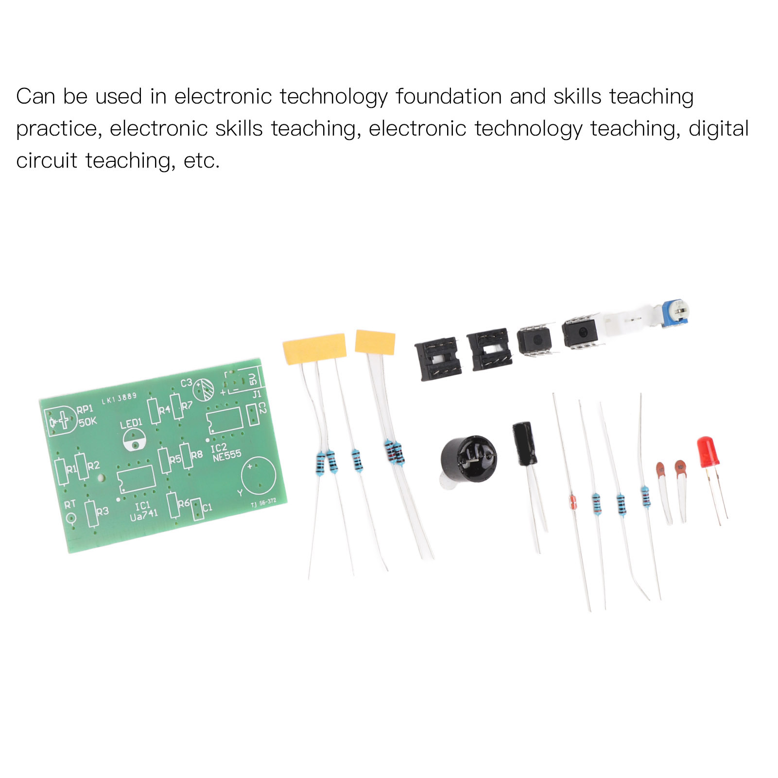 Elektronische Bauteile auf einer grünen Leiterplatte, Text: "Kann in der elektronischen Technologie-Grundlage und im Fertigkeitentraining verwendet werden".