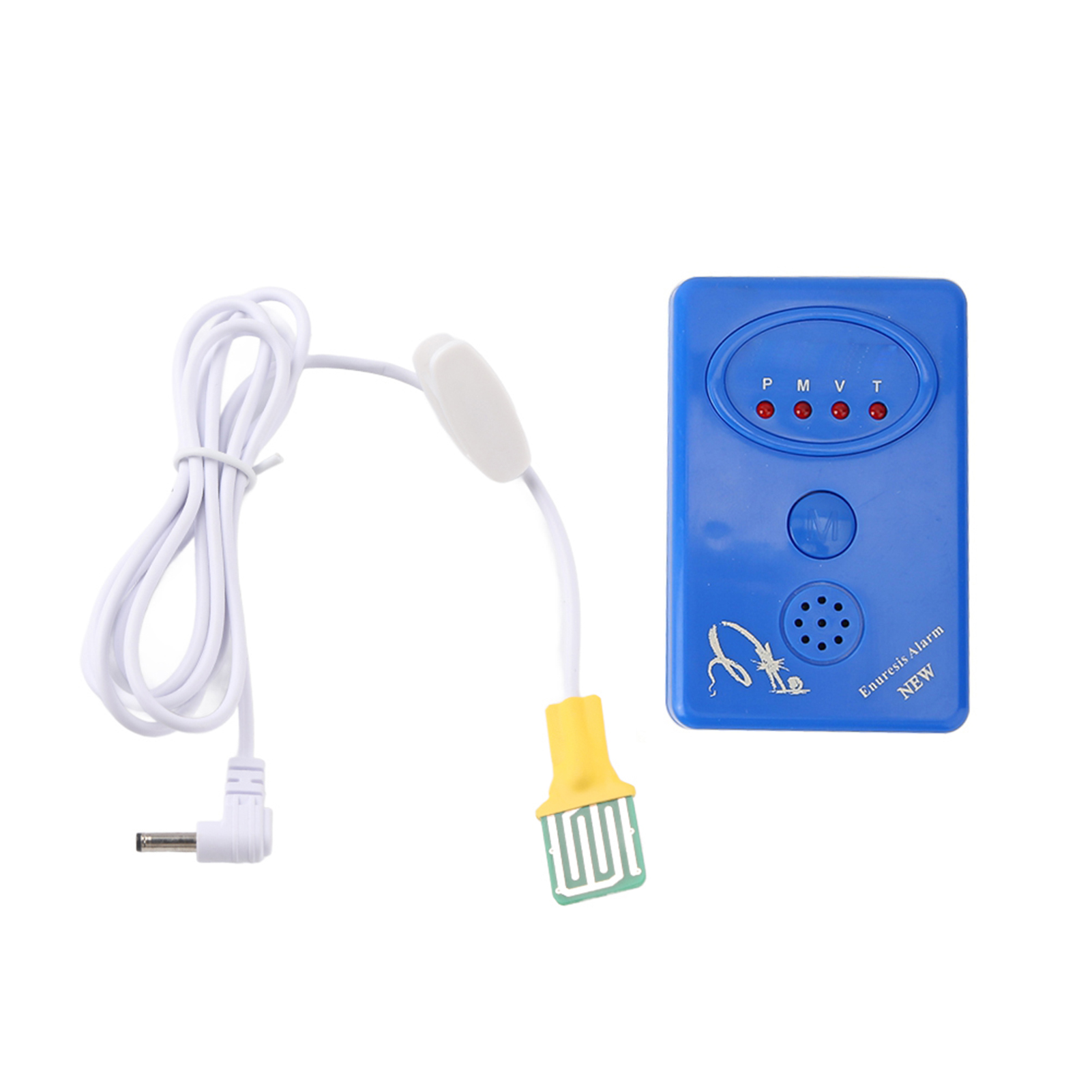 Ein blaues Bettnäss-Alarmsystem mit Sensor und Stecker wird angezeigt.