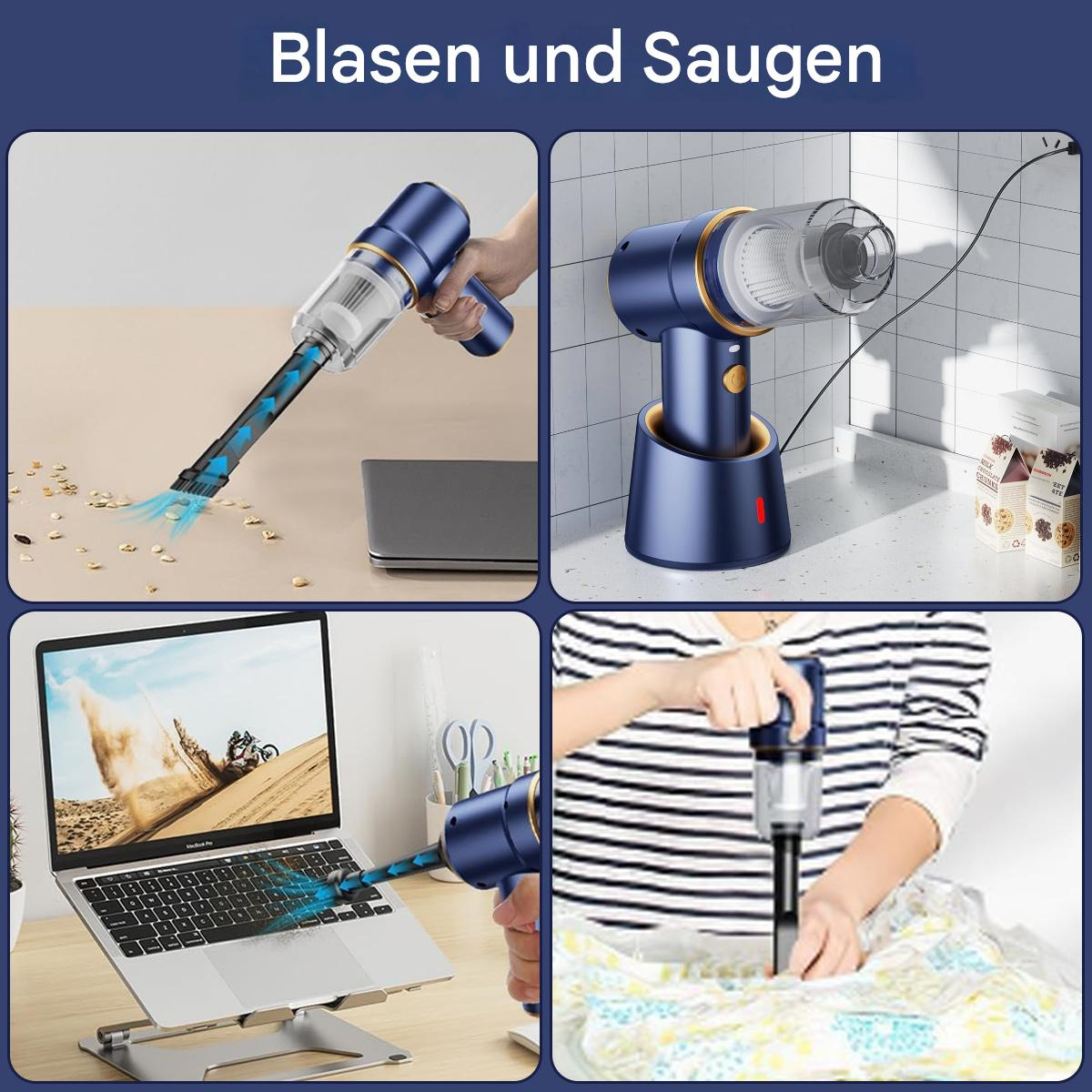 Vier Bilder eines blau-schwarzen Staubsaugers in Gebrauch, mit dem Text: Blasen und Saugen.