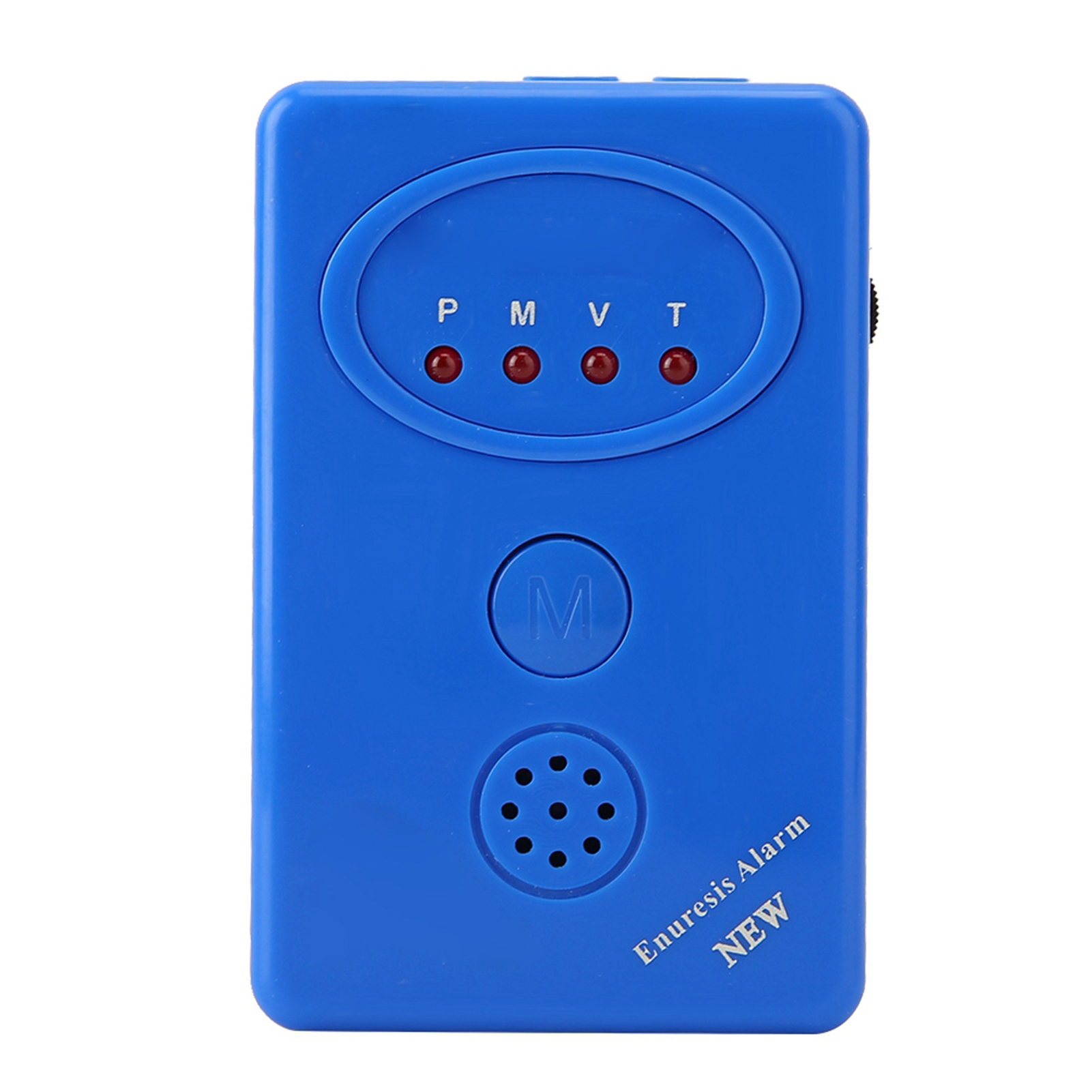 Ein blaues Gerät mit drei roten Lichtern und einem Lautsprecher, beschriftet mit 'Enuresis Alarm NEW'.