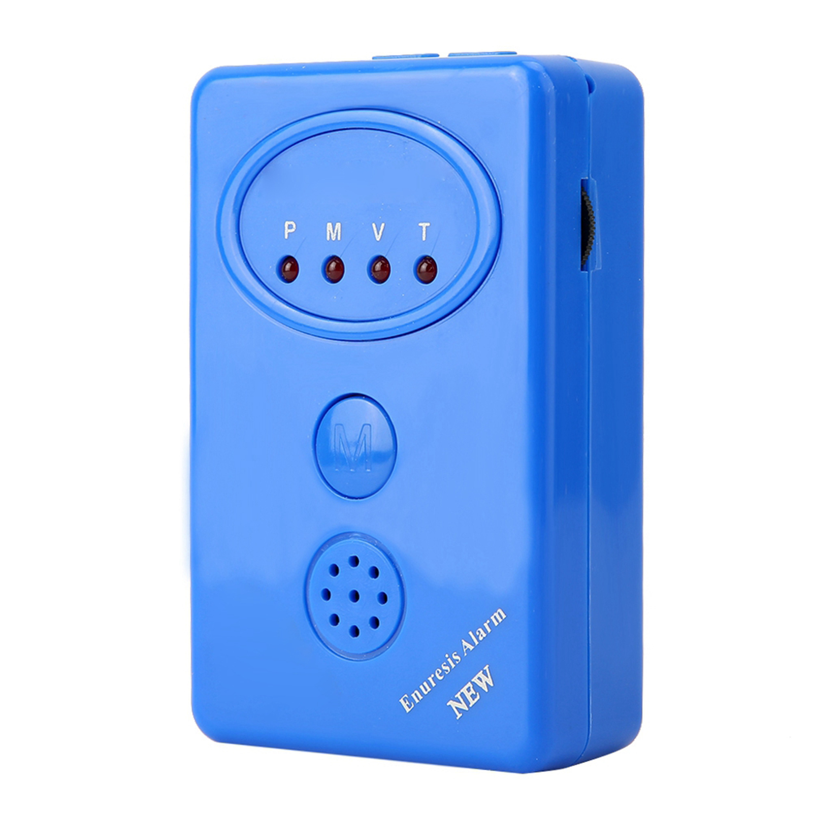 Ein blaues Gerät mit Knöpfen und Lichtern. Es trägt die Aufschrift 'Enuresis Alarm NEU'.